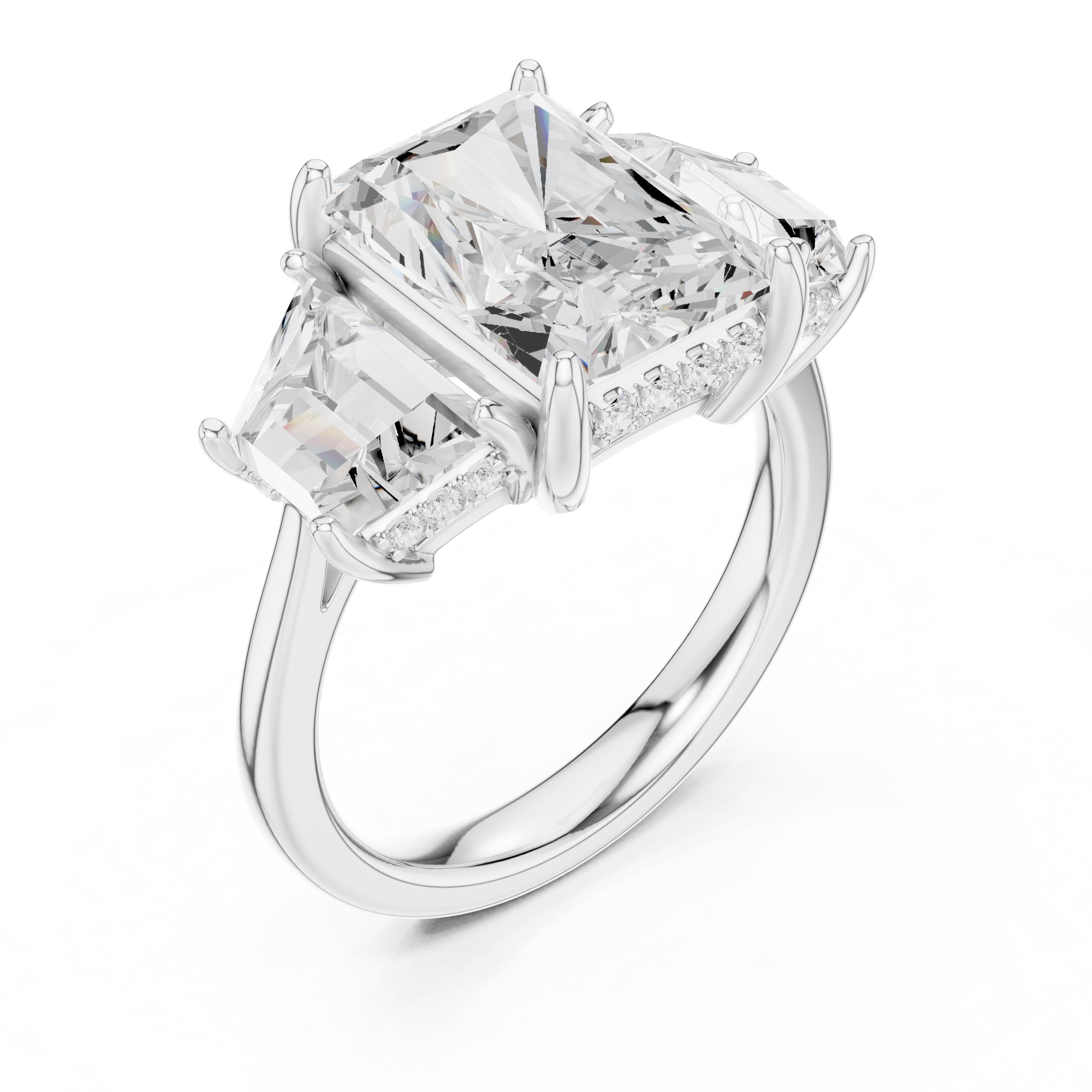 Radiant Cut Three Stone Engagement Ring with Trapezoid Side Stones in White Gold - VYKA Diamonds