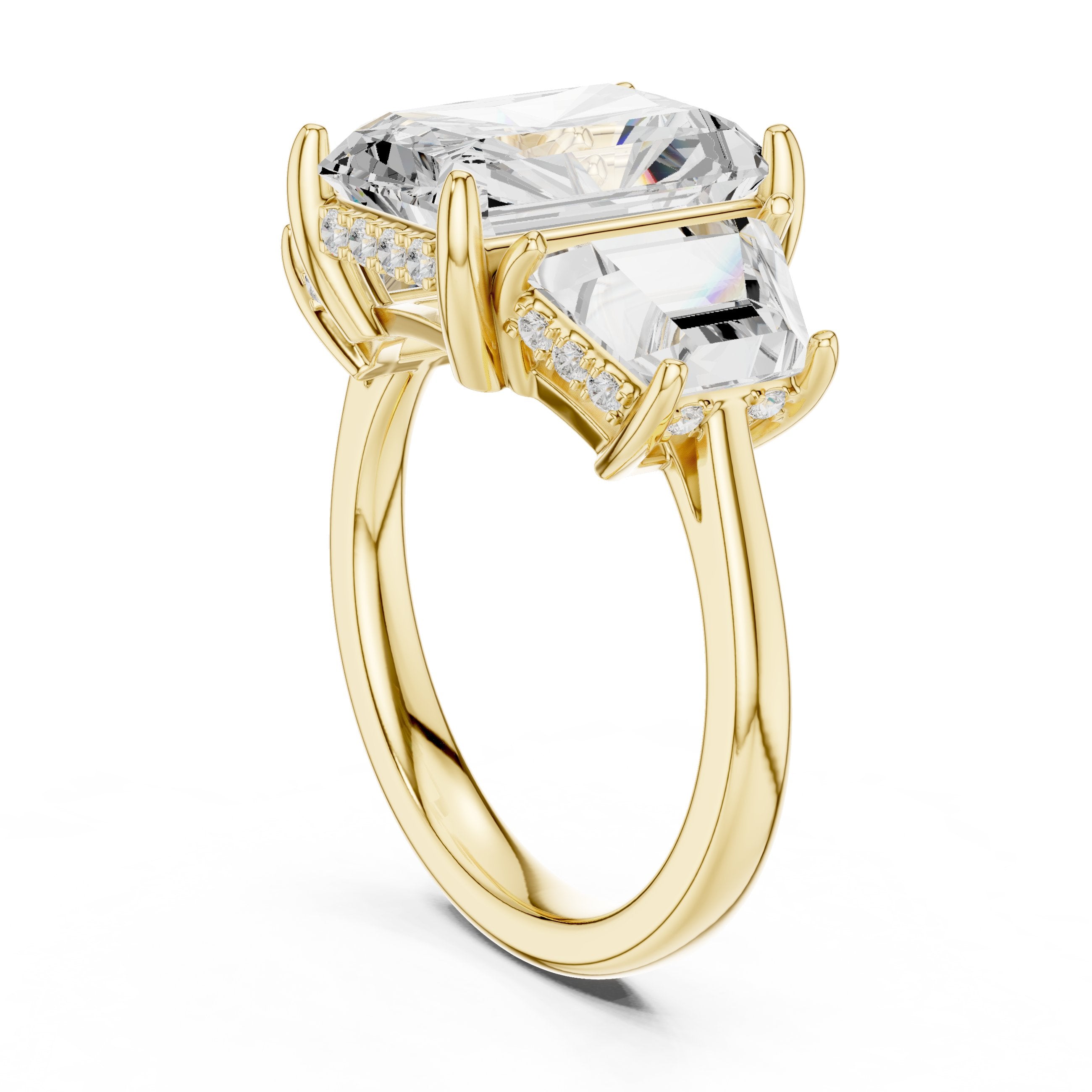 Radiant Cut Three Stone Engagement Ring with Trapezoid Side Stones in Yellow Gold - VYKA Diamonds