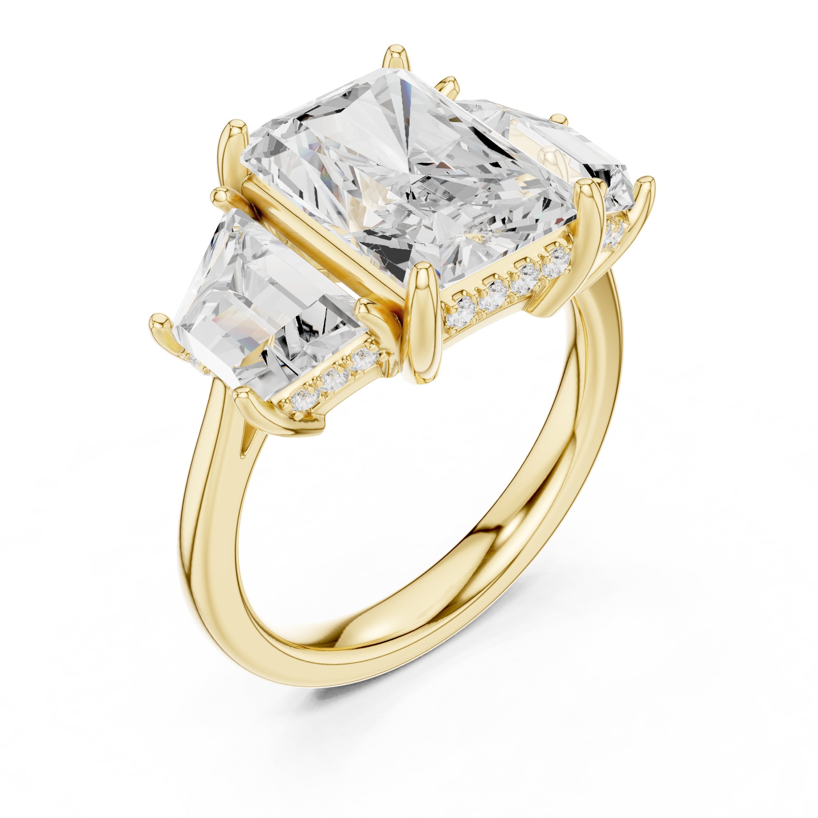 Radiant Cut Three Stone Engagement Ring with Trapezoid Side Stones in Yellow Gold - VYKA Diamonds