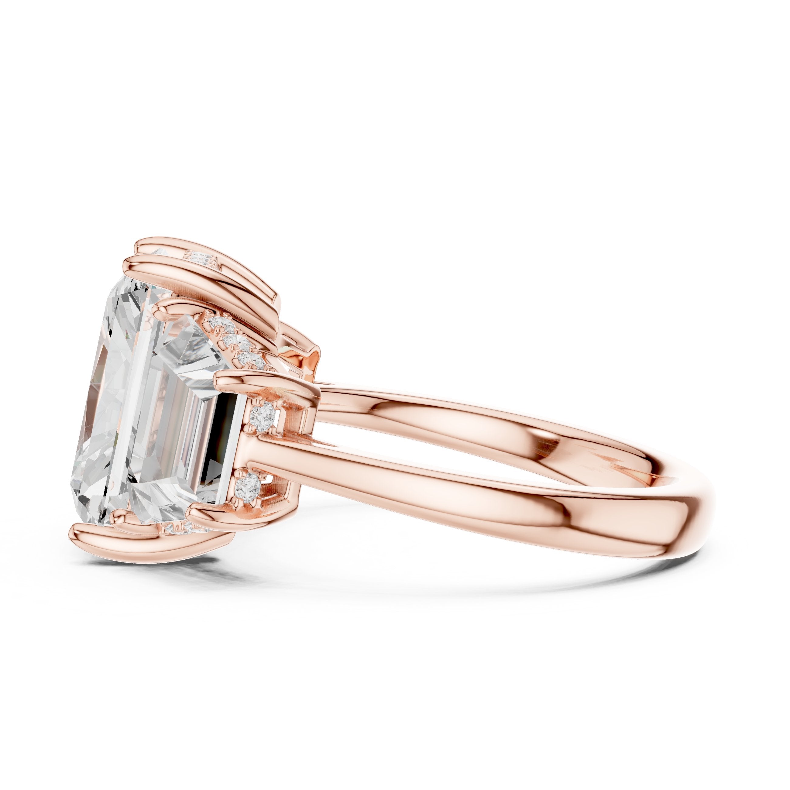 Radiant Cut Three Stone Engagement Ring with Trapezoid Side Stones in Rose Gold - VYKA Diamonds