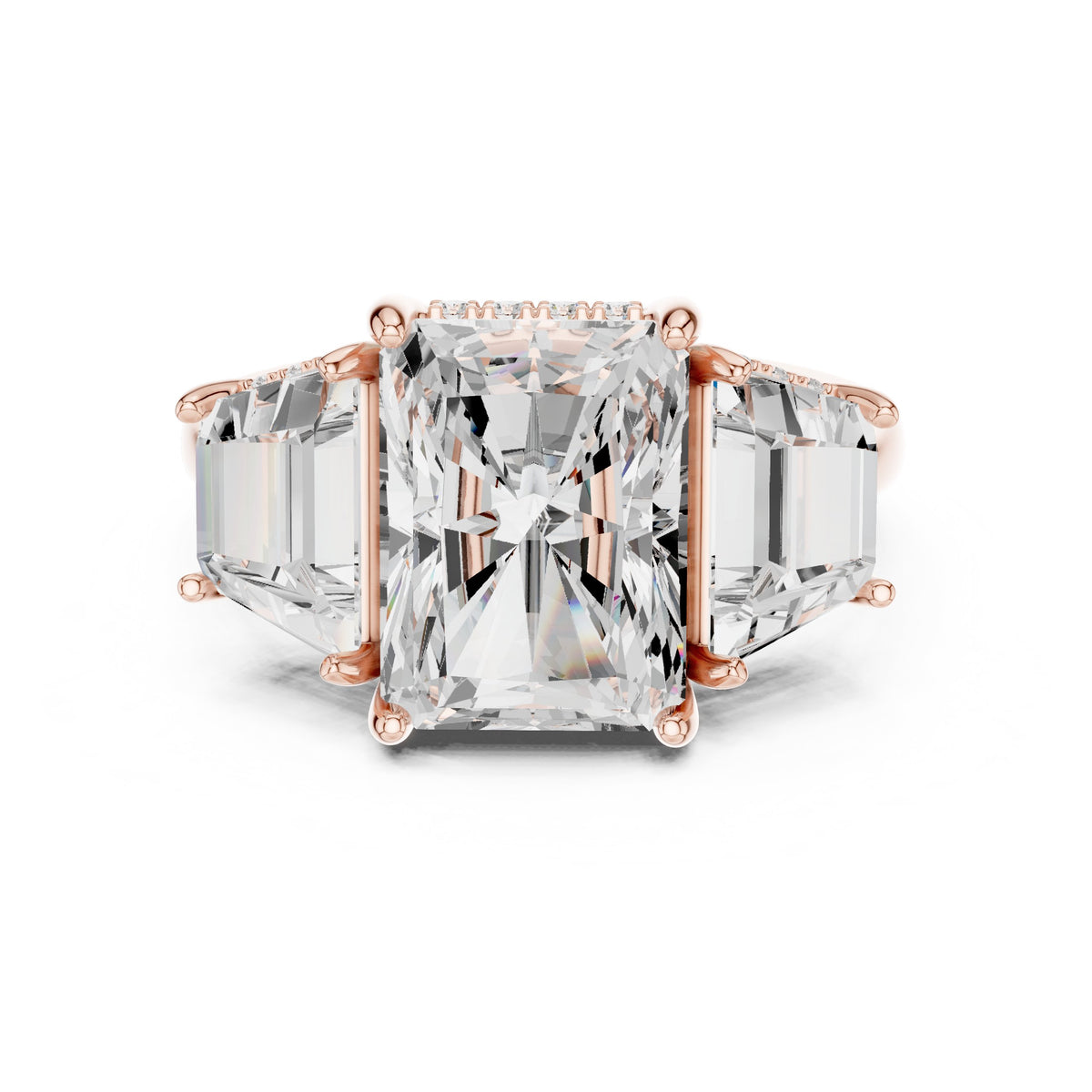 Radiant Cut Three Stone Engagement Ring with Trapezoid Side Stones