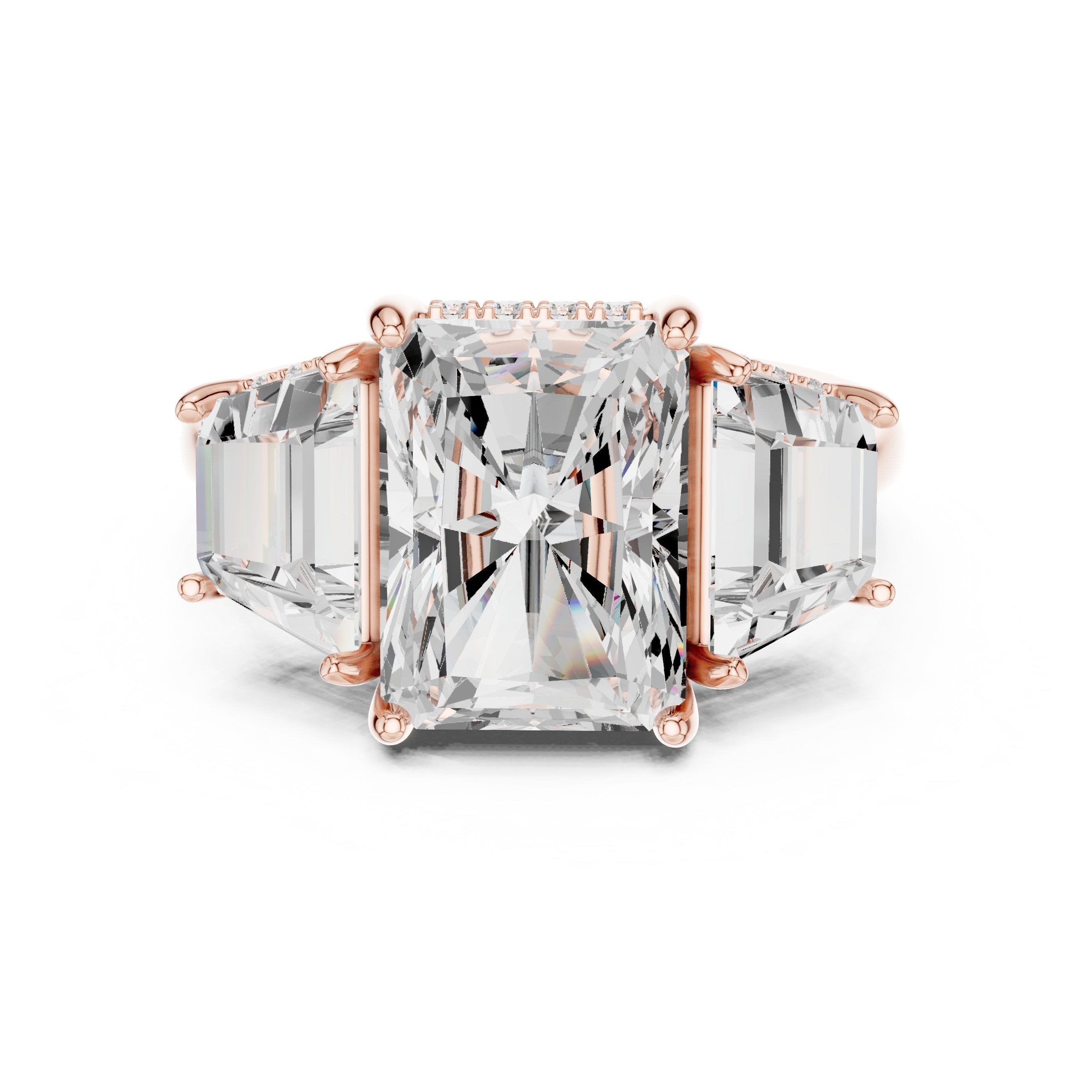Radiant Cut Three Stone Engagement Ring with Trapezoid Side Stones in Rose Gold - VYKA Diamonds