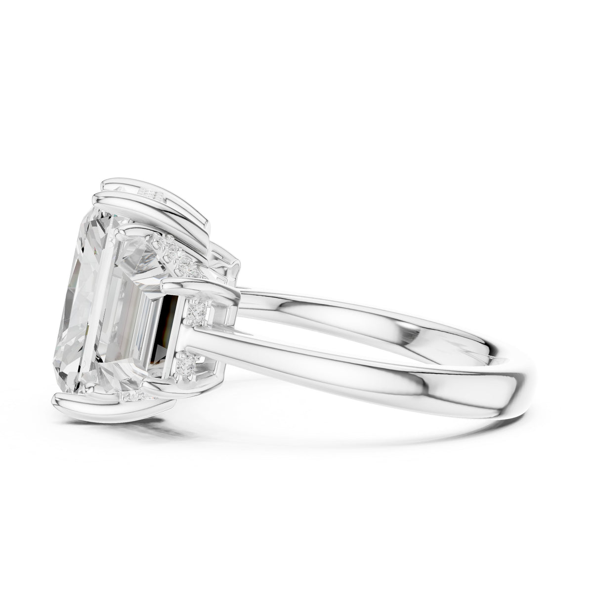 Radiant Cut Three Stone Engagement Ring with Trapezoid Side Stones