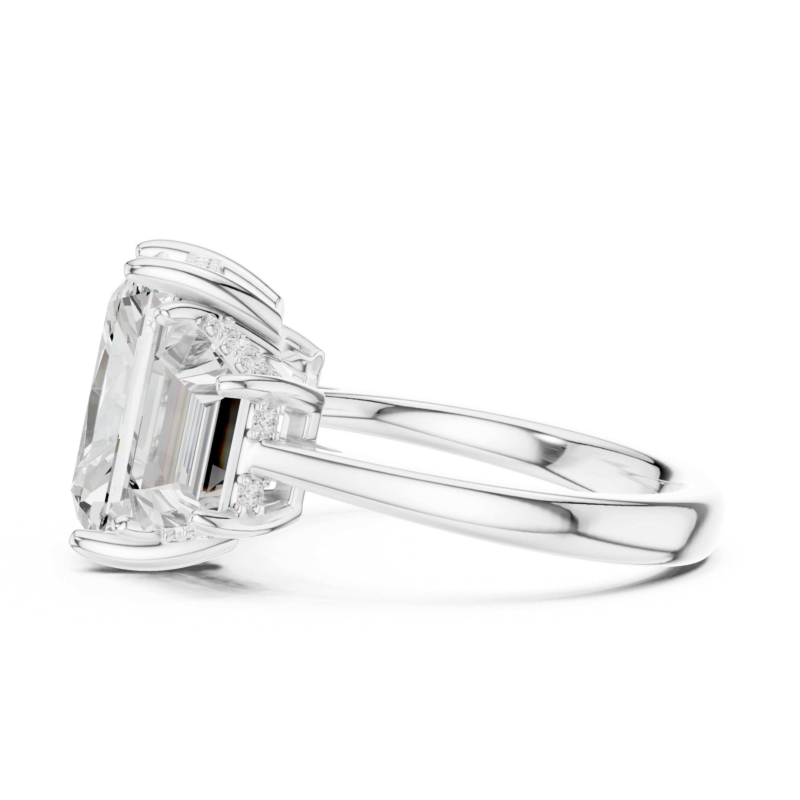 Radiant Cut Three Stone Engagement Ring with Trapezoid Side Stones in White Gold - VYKA Diamonds