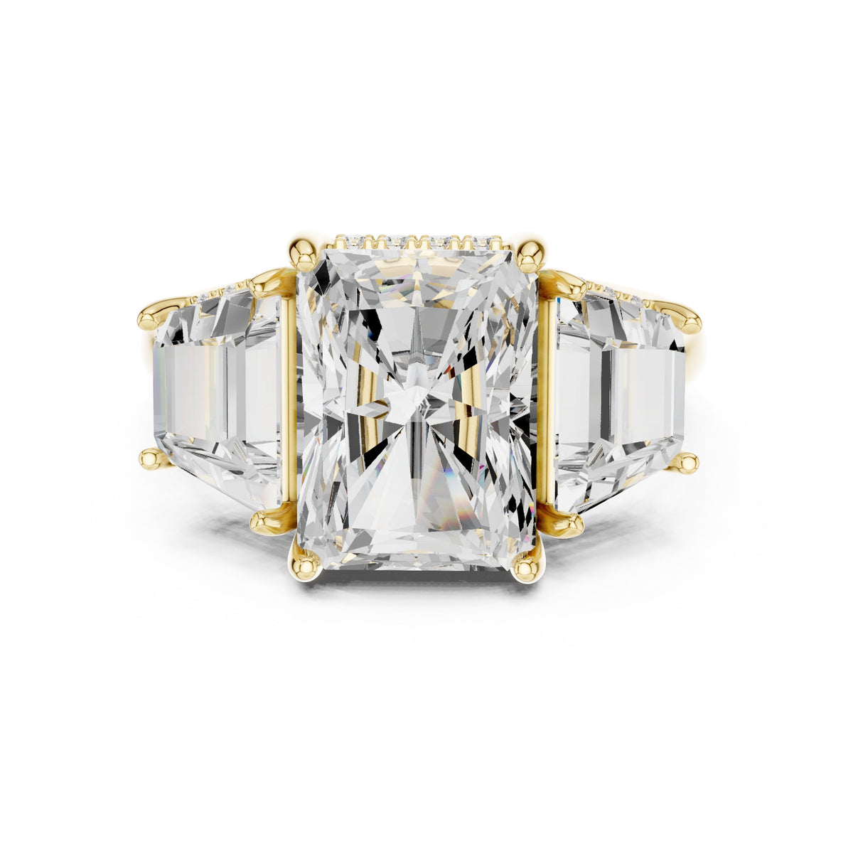Radiant Cut Three Stone Engagement Ring with Trapezoid Side Stones