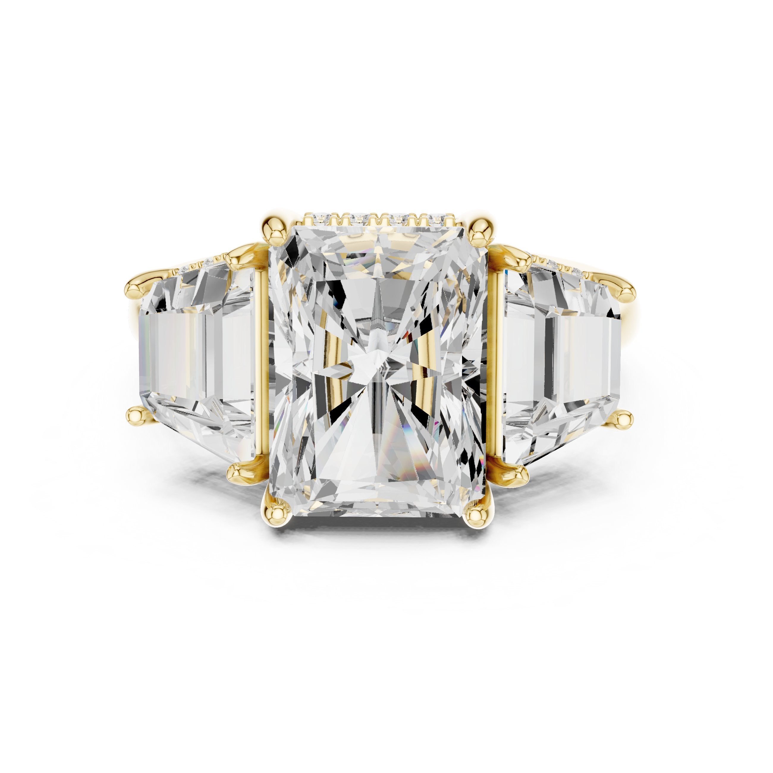 Radiant Cut Three Stone Engagement Ring with Trapezoid Side Stones in Yellow Gold - VYKA Diamonds