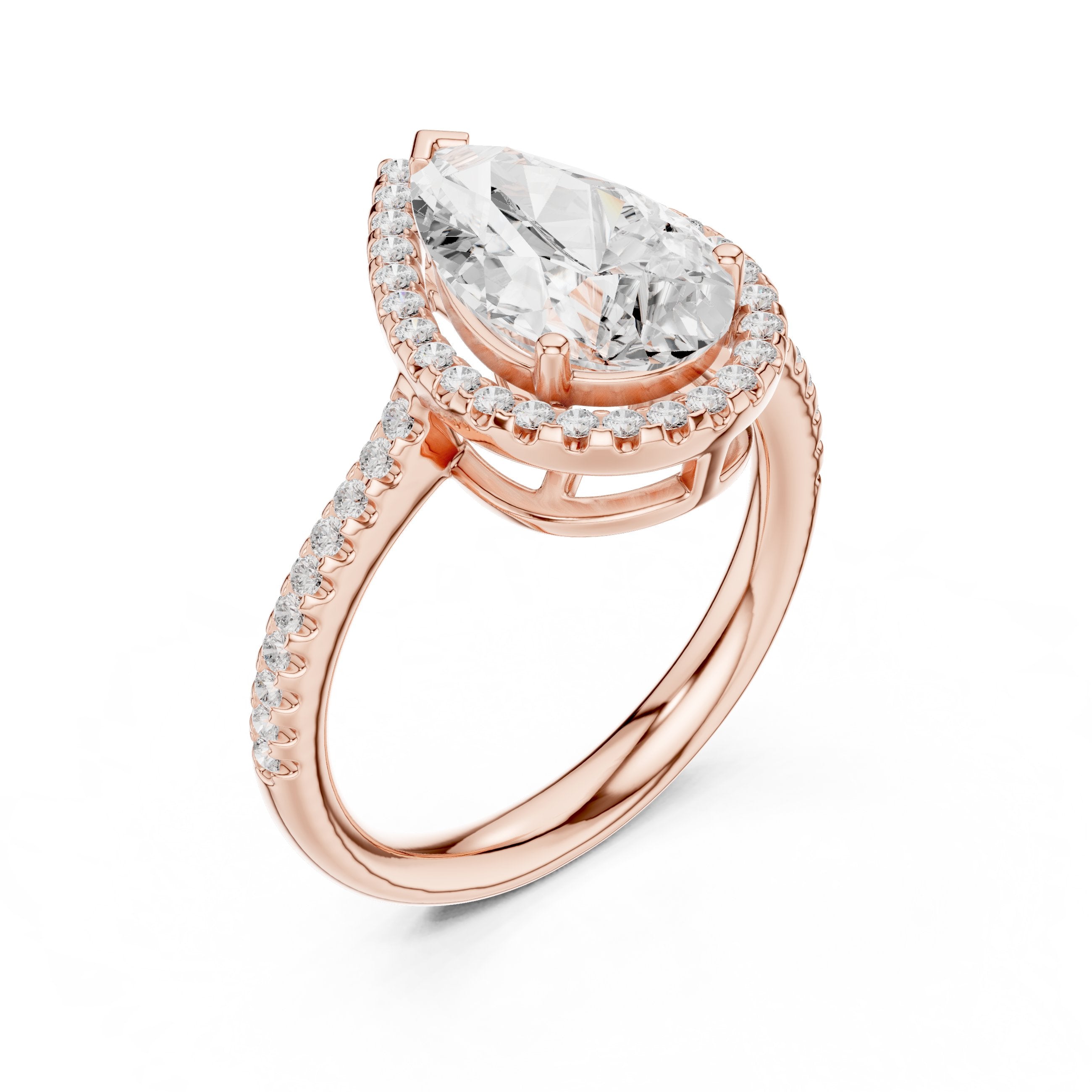 Pear Diamond Halo Engagement Ring with Pavé Band in Rose Gold - VYKA Diamonds