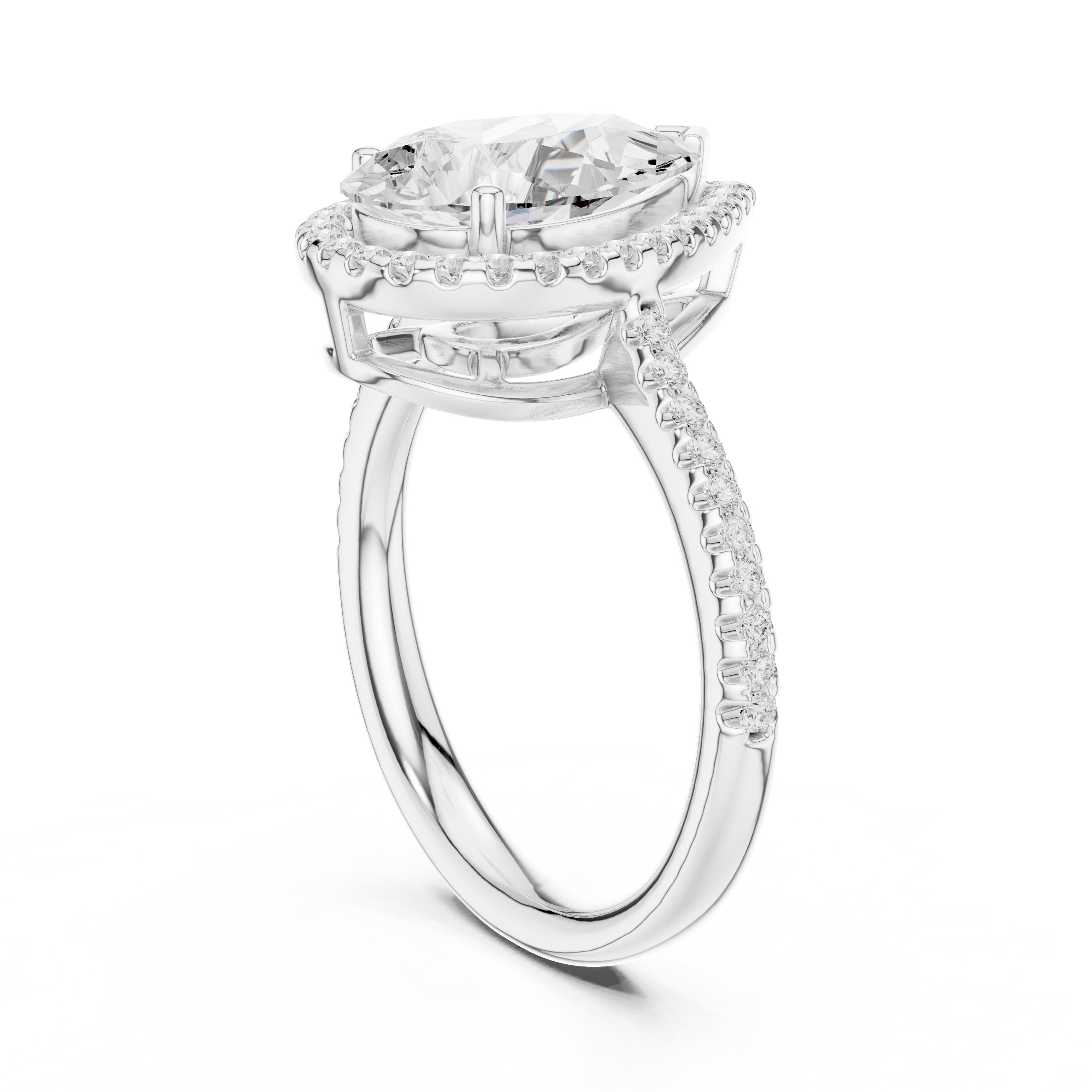 Pear Diamond Halo Engagement Ring with Pavé Band in White Gold - VYKA Diamonds