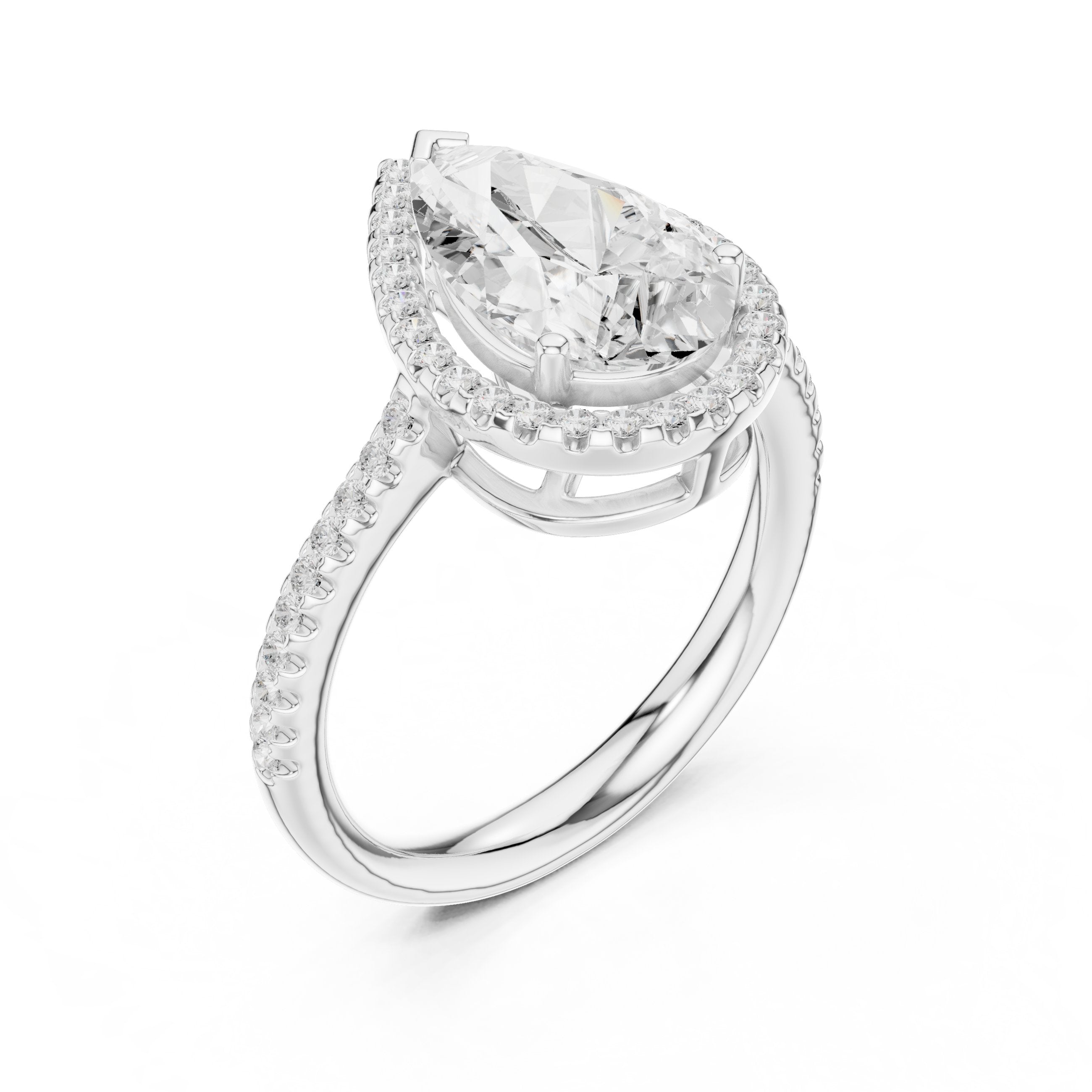 Pear Diamond Halo Engagement Ring with Pavé Band in White Gold - VYKA Diamonds