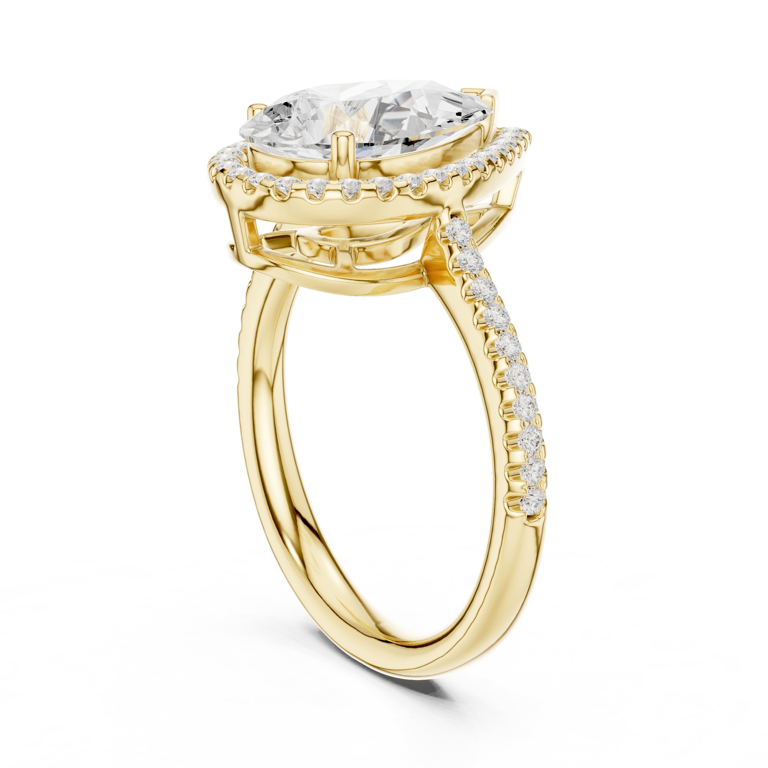 Pear Diamond Halo Engagement Ring with Pavé Band in Yellow Gold - VYKA Diamonds