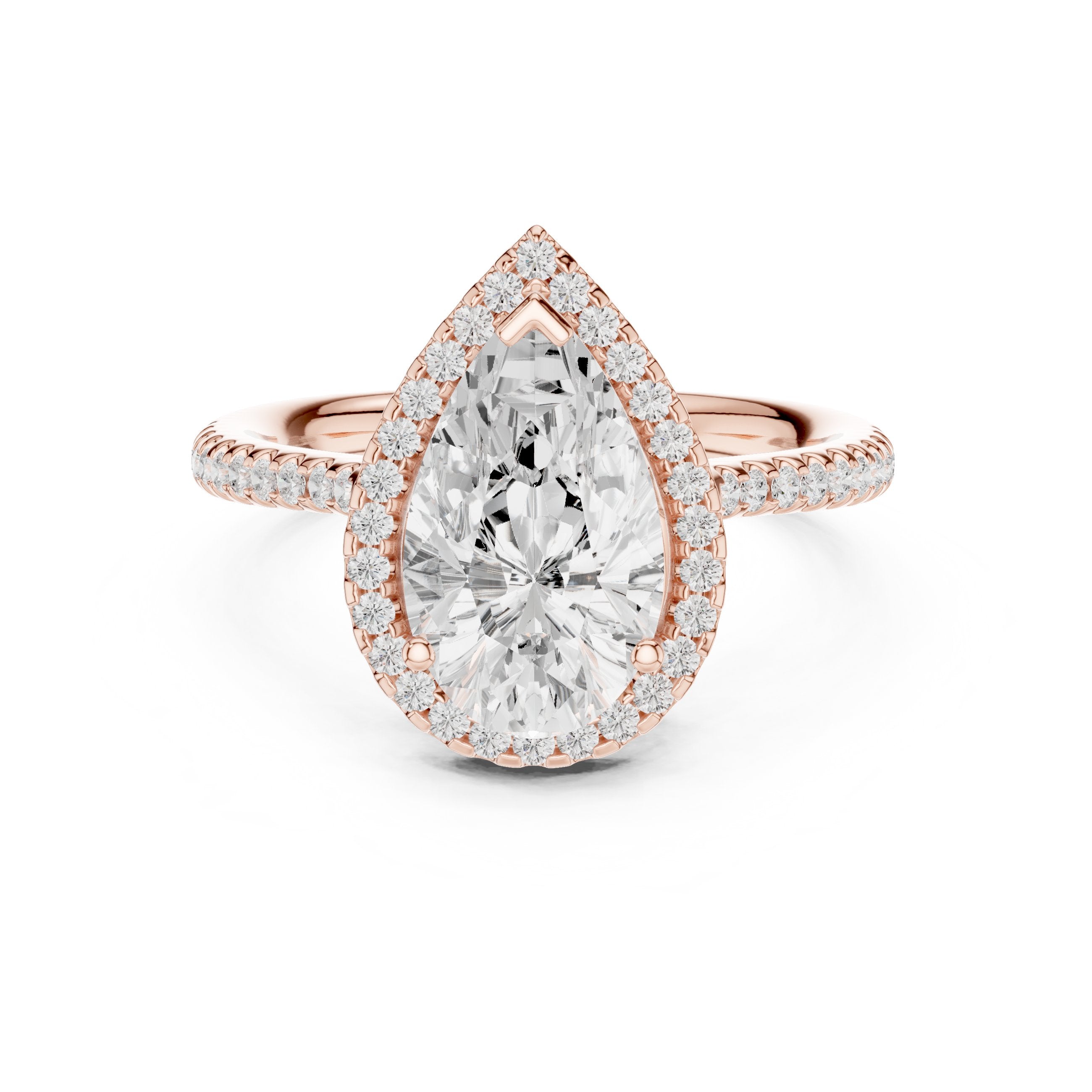 Pear Diamond Halo Engagement Ring with Pavé Band in Rose Gold - VYKA Diamonds