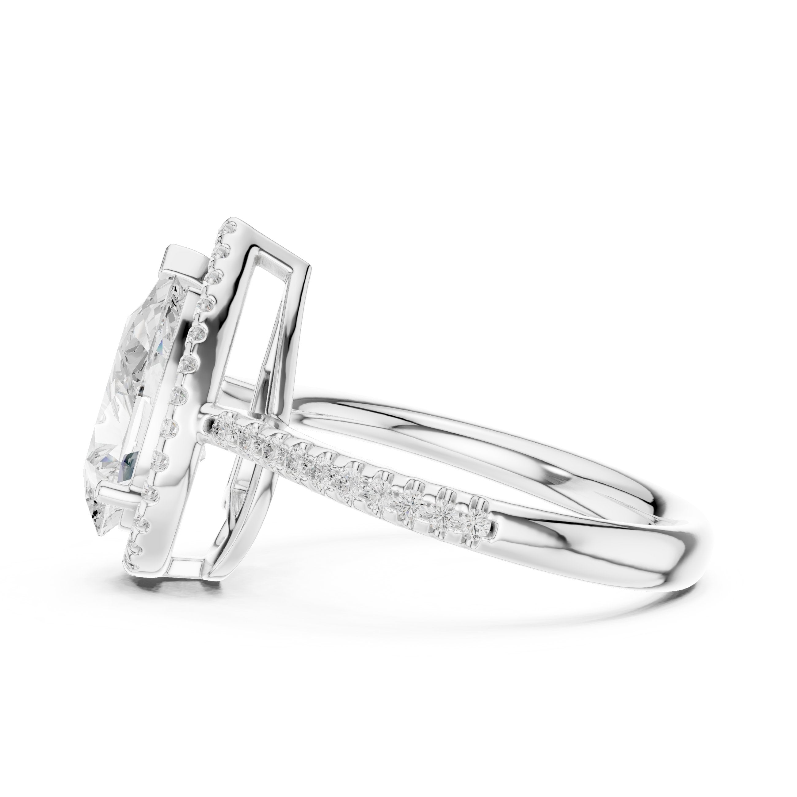 Pear Diamond Halo Engagement Ring with Pavé Band in White Gold - VYKA Diamonds