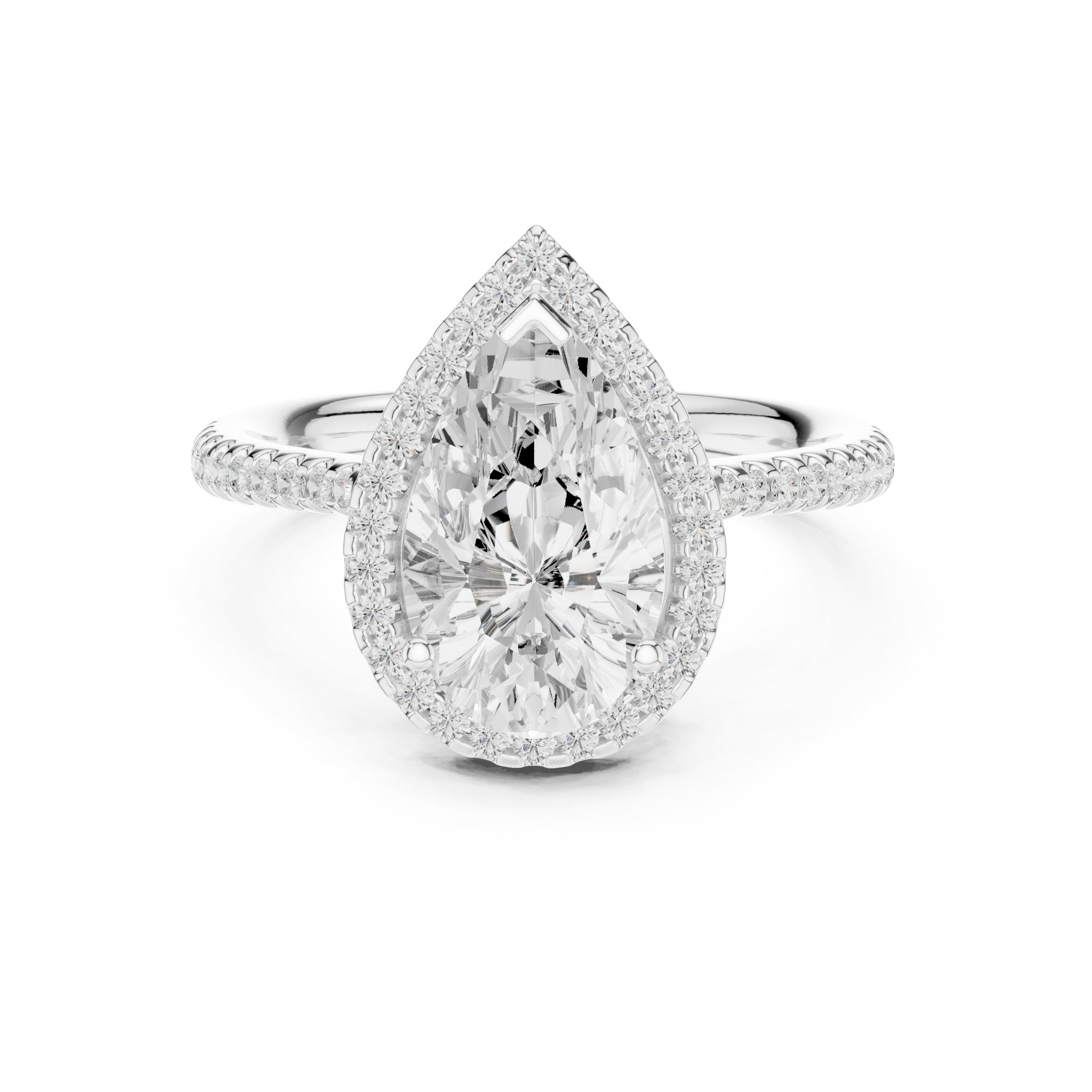 Pear Diamond Halo Engagement Ring with Pavé Band in White Gold - VYKA Diamonds