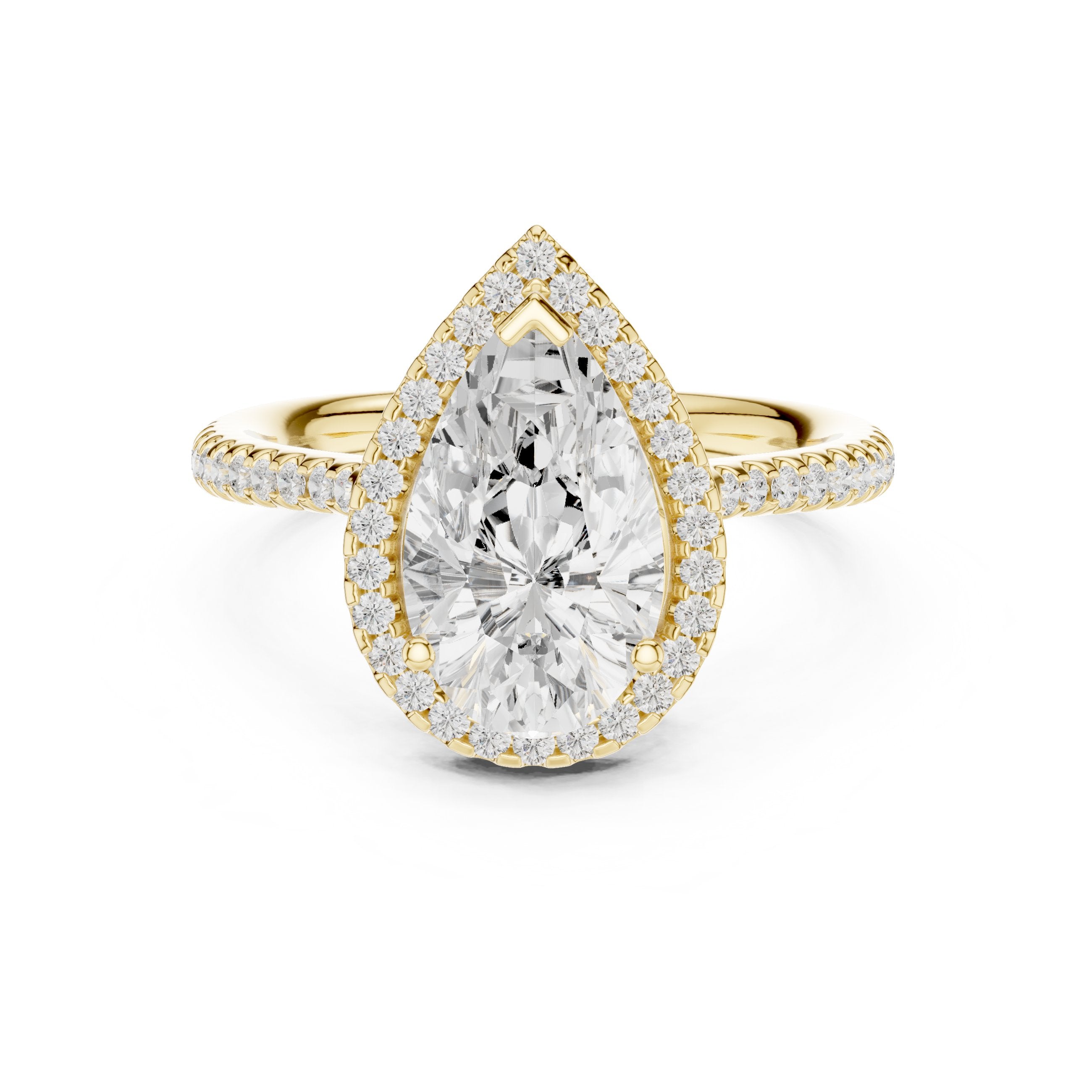 Pear Diamond Halo Engagement Ring with Pavé Band in Yellow Gold - VYKA Diamonds