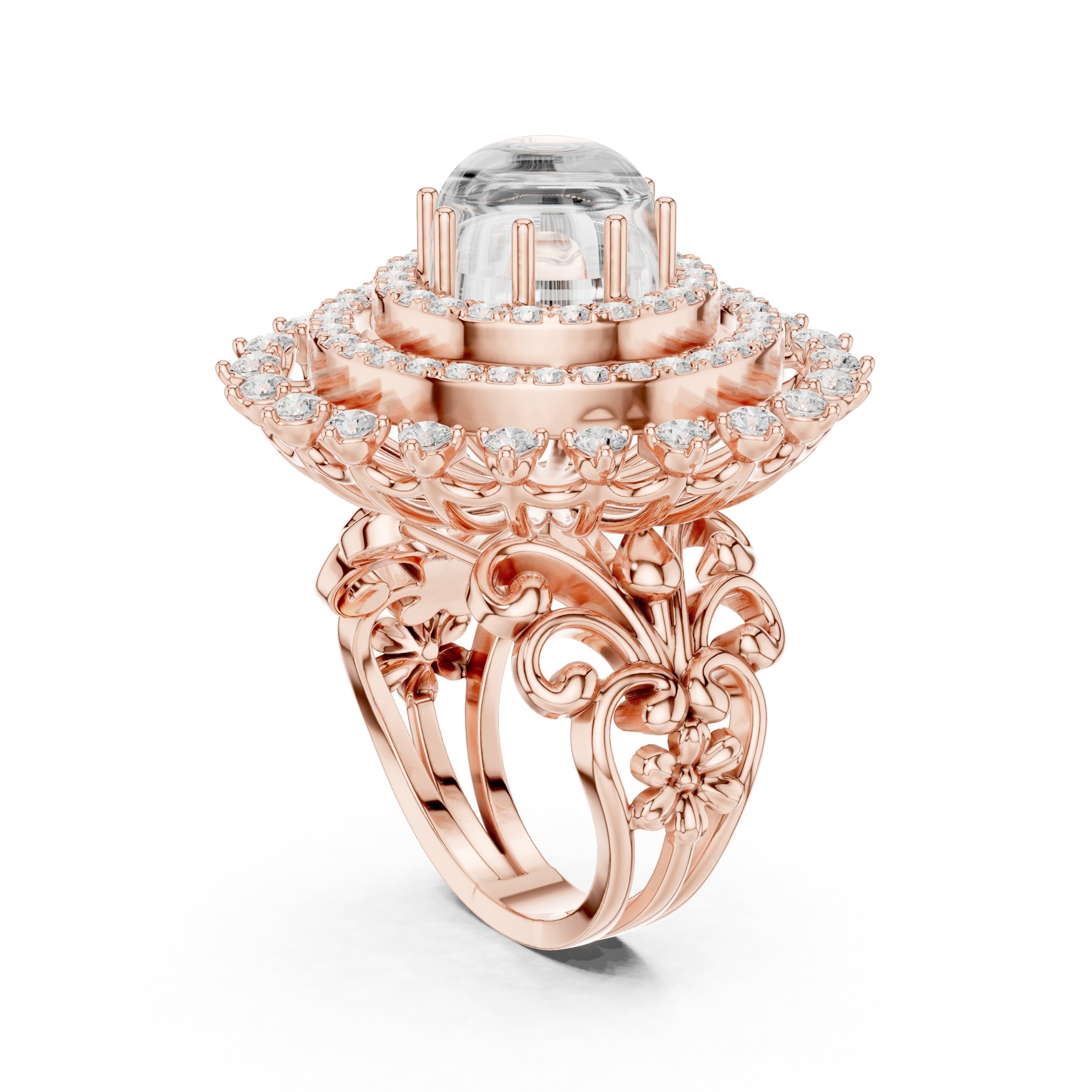 Diamond Sunburst Crown Cluster Cocktail Engagement Ring in Rose Gold - VYKA Diamonds