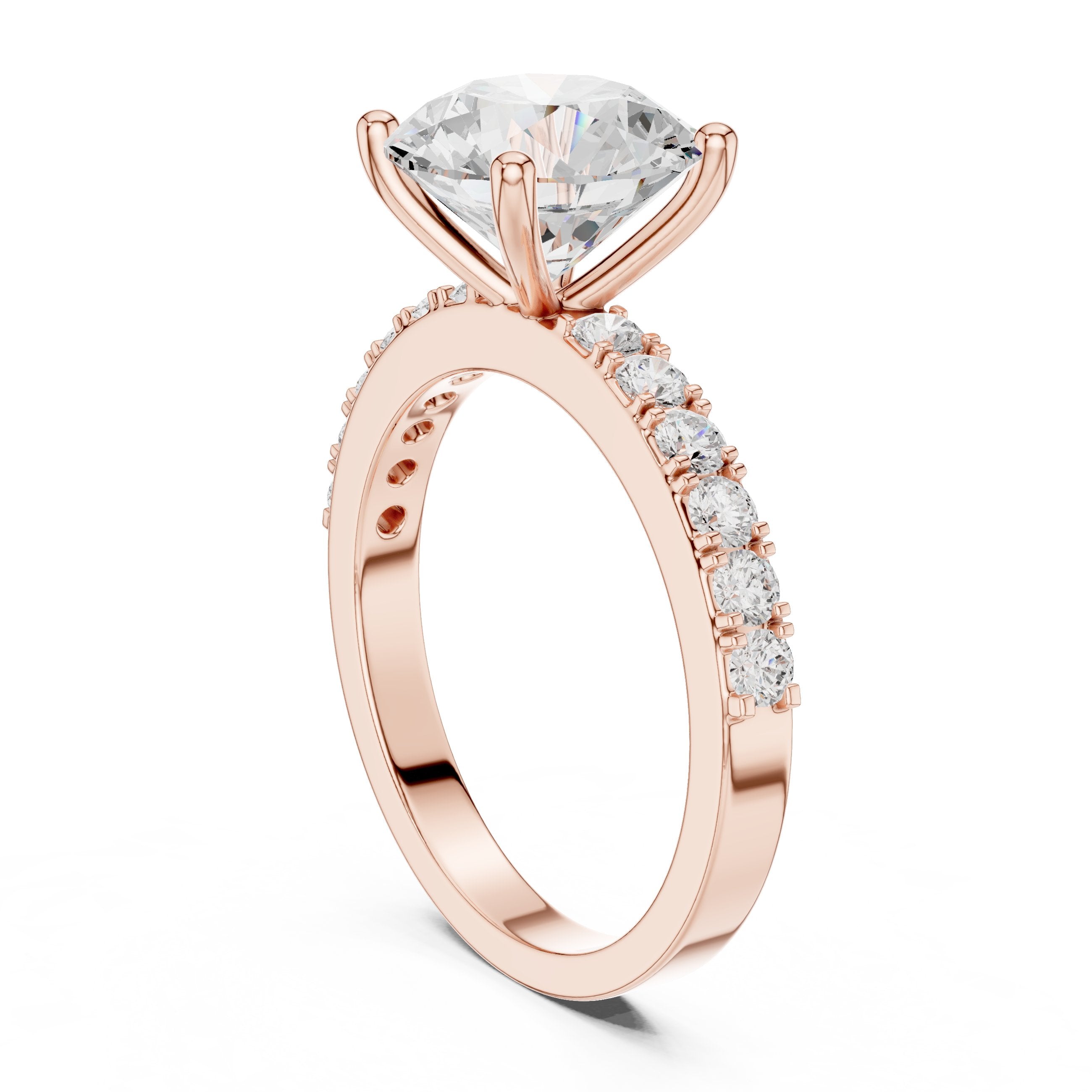 خاتم خطوبة بألماس مستدير كاتدرائي وساق بافيه in Rose Gold - VYKA Diamonds