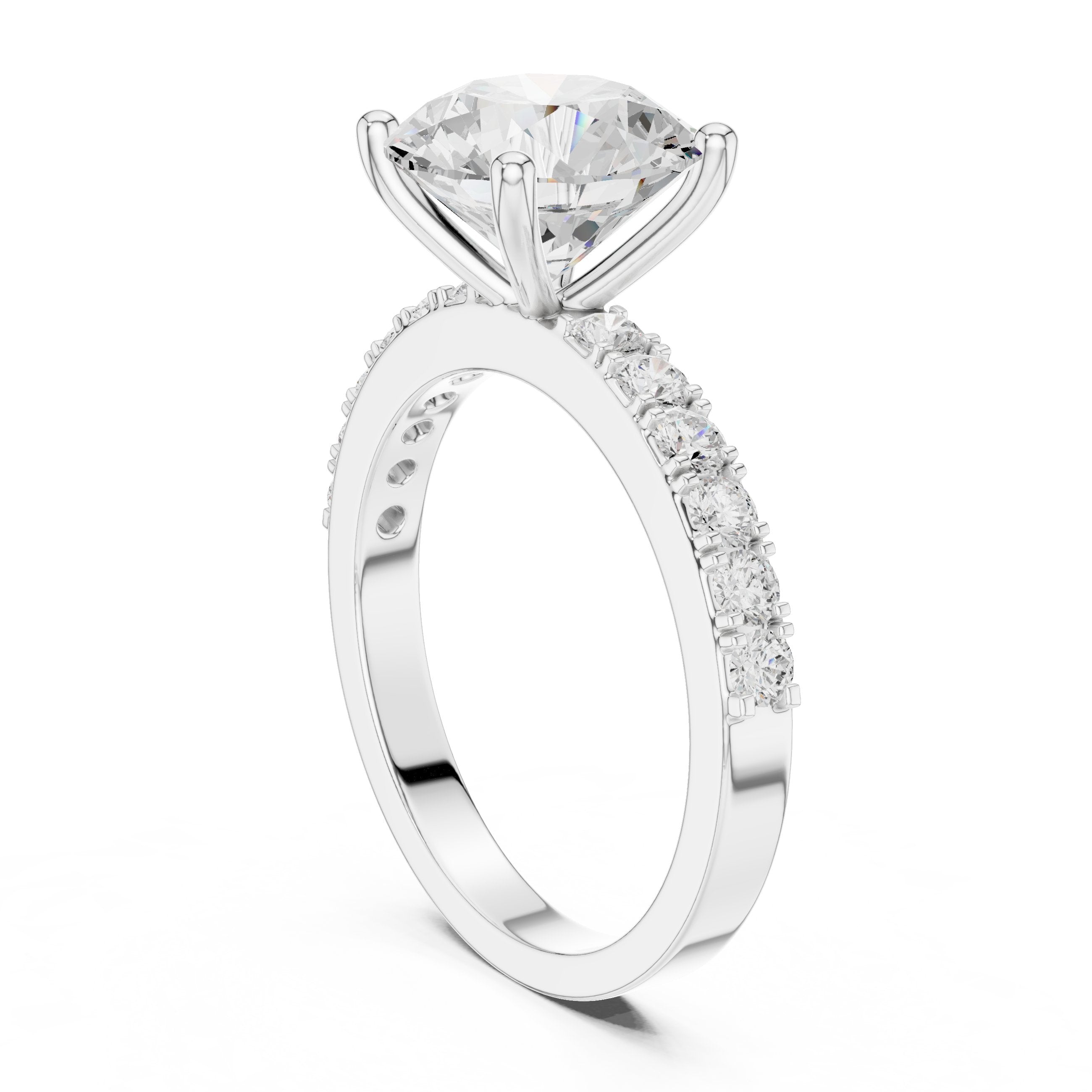 خاتم خطوبة بألماس مستدير كاتدرائي وساق بافيه in White Gold - VYKA Diamonds