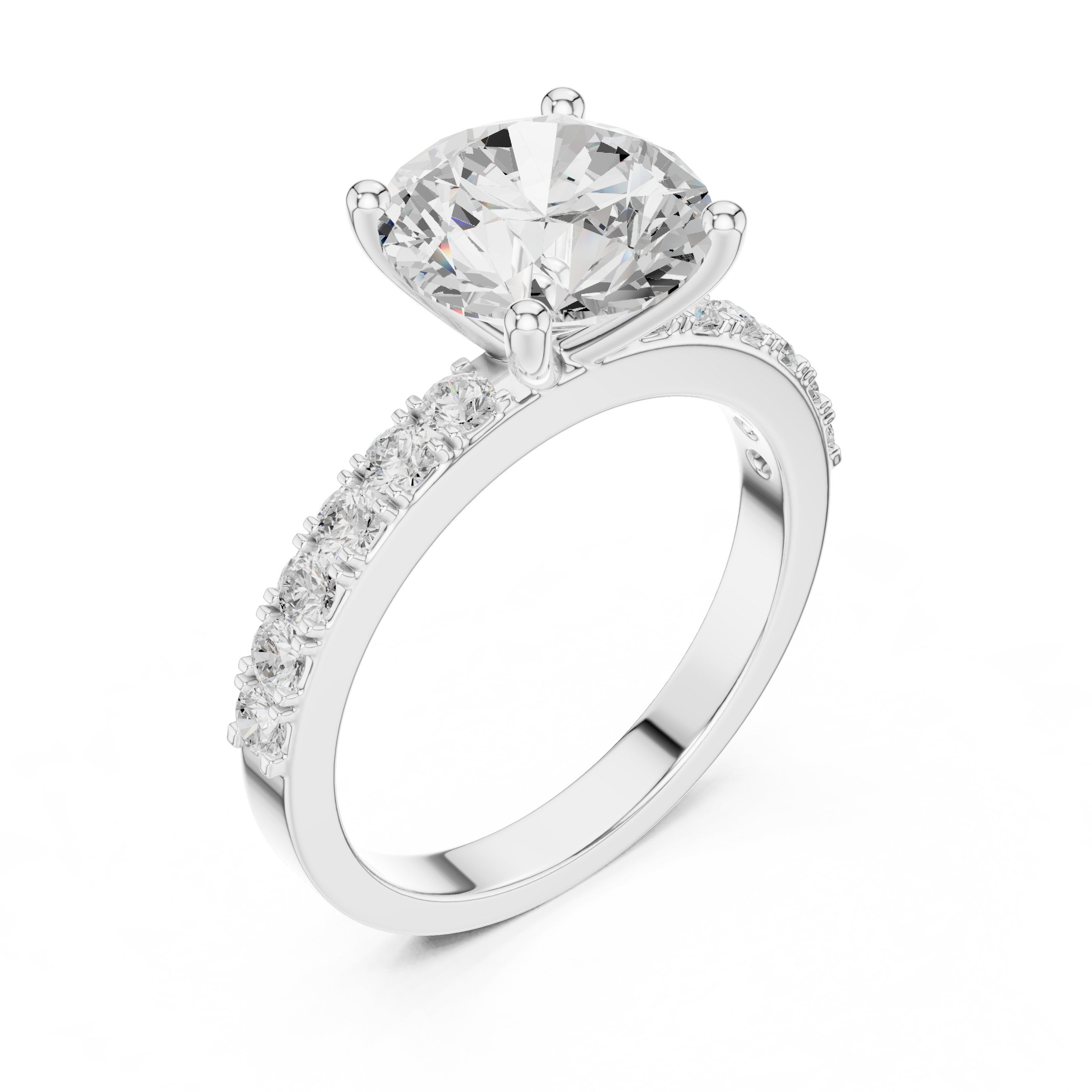 خاتم خطوبة بألماس مستدير كاتدرائي وساق بافيه in White Gold - VYKA Diamonds