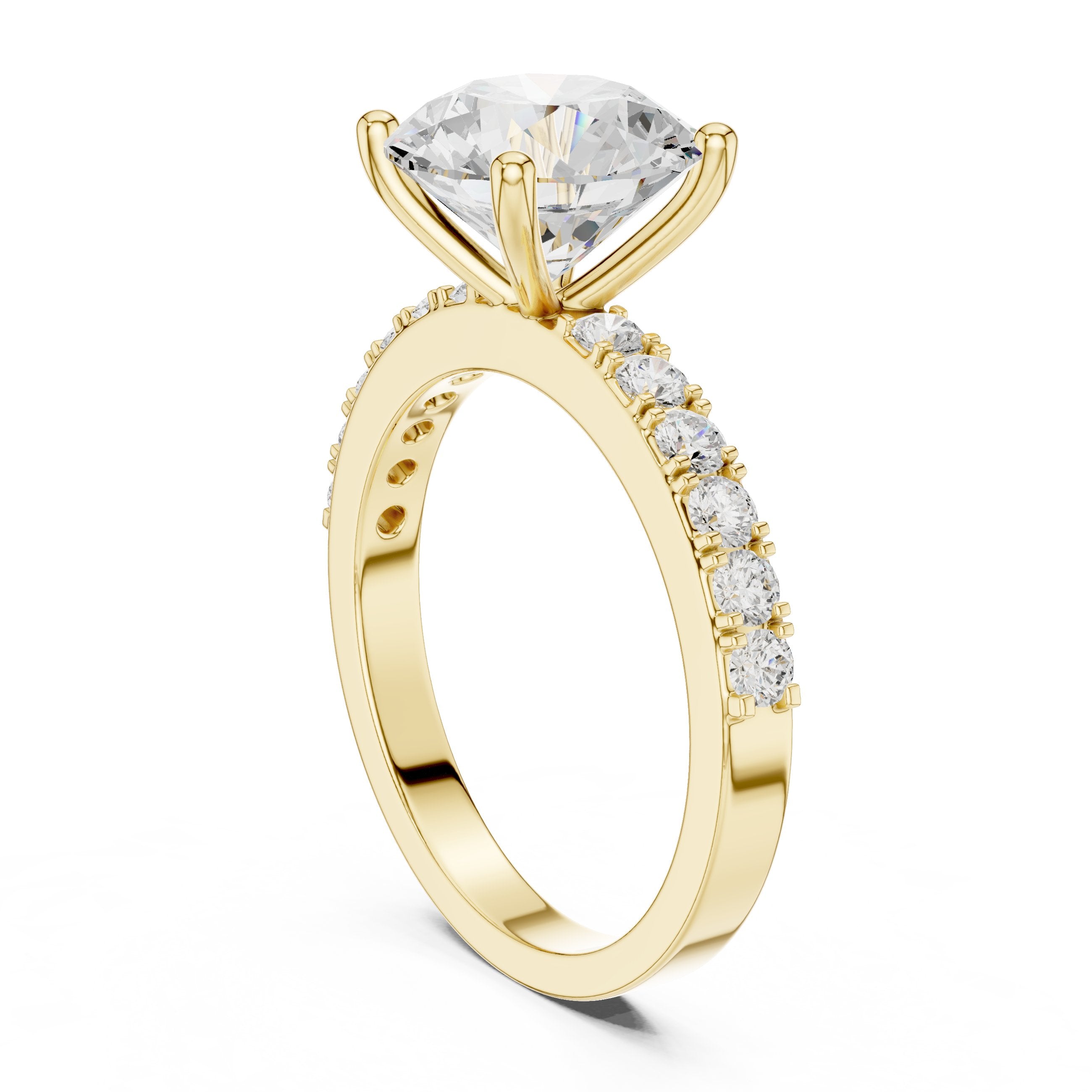 خاتم خطوبة بألماس مستدير كاتدرائي وساق بافيه in Yellow Gold - VYKA Diamonds