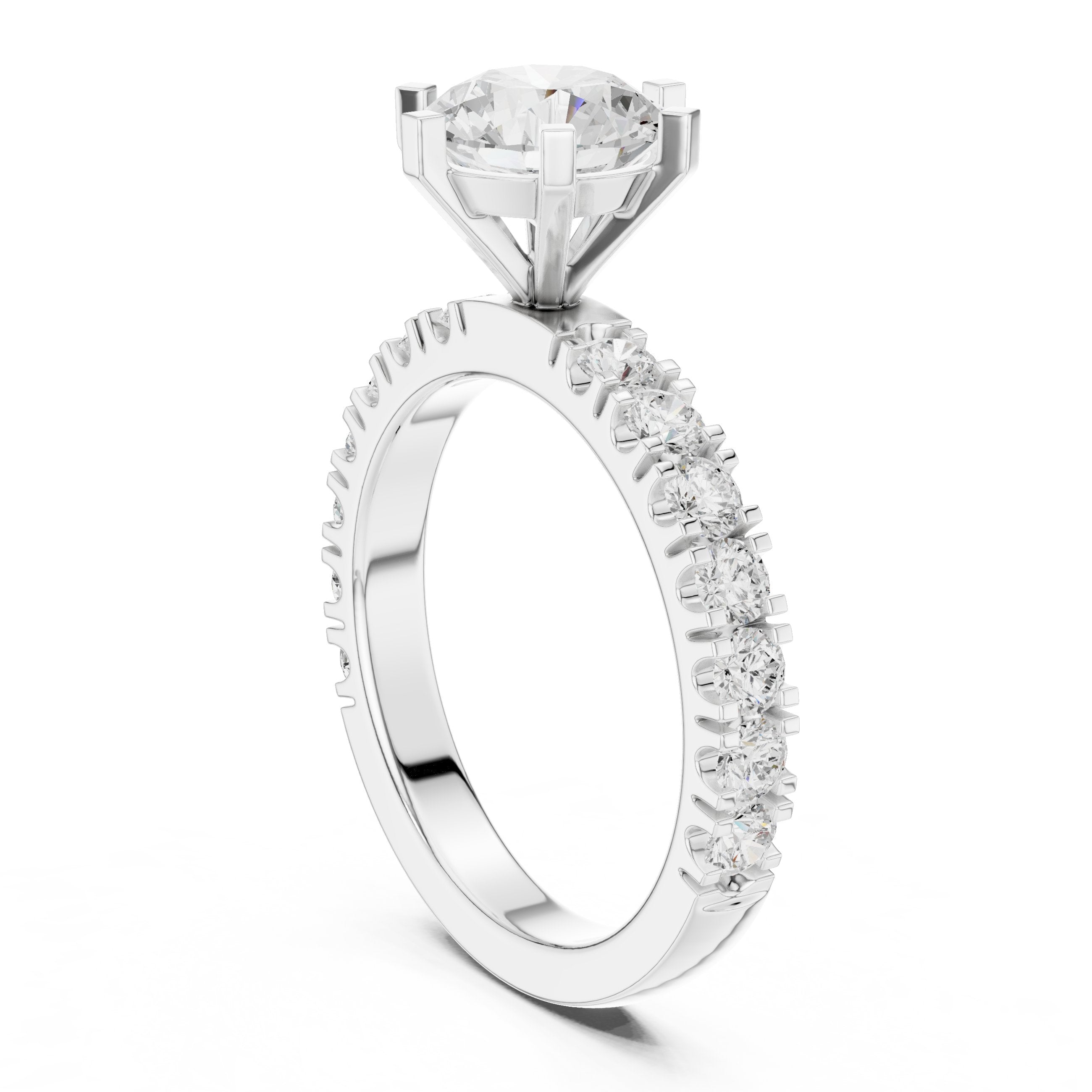 Round Diamond Engagement Ring with Half Eternity Claw Set Band in White Gold - VYKA Diamonds