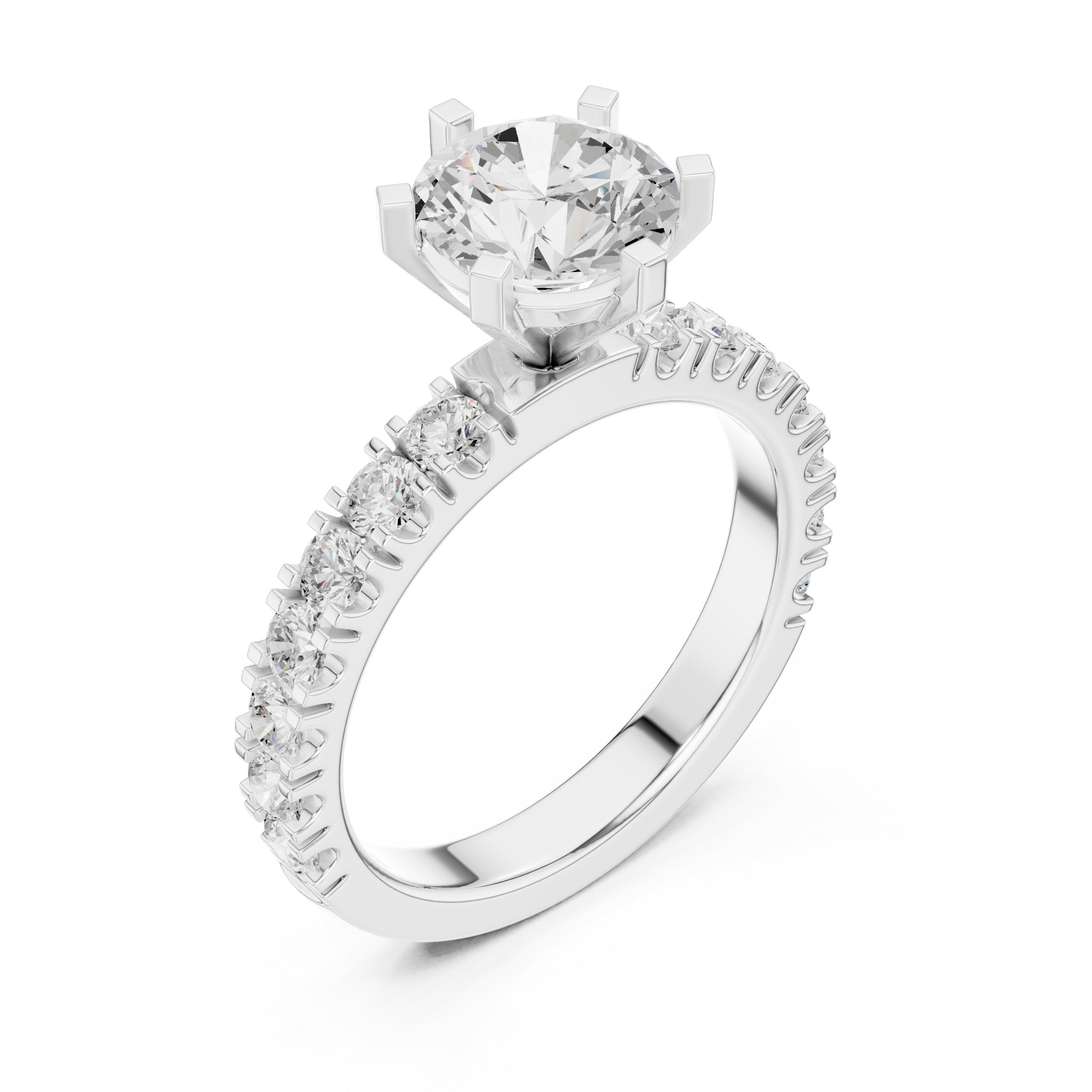 Round Diamond Engagement Ring with Half Eternity Claw Set Band in White Gold - VYKA Diamonds