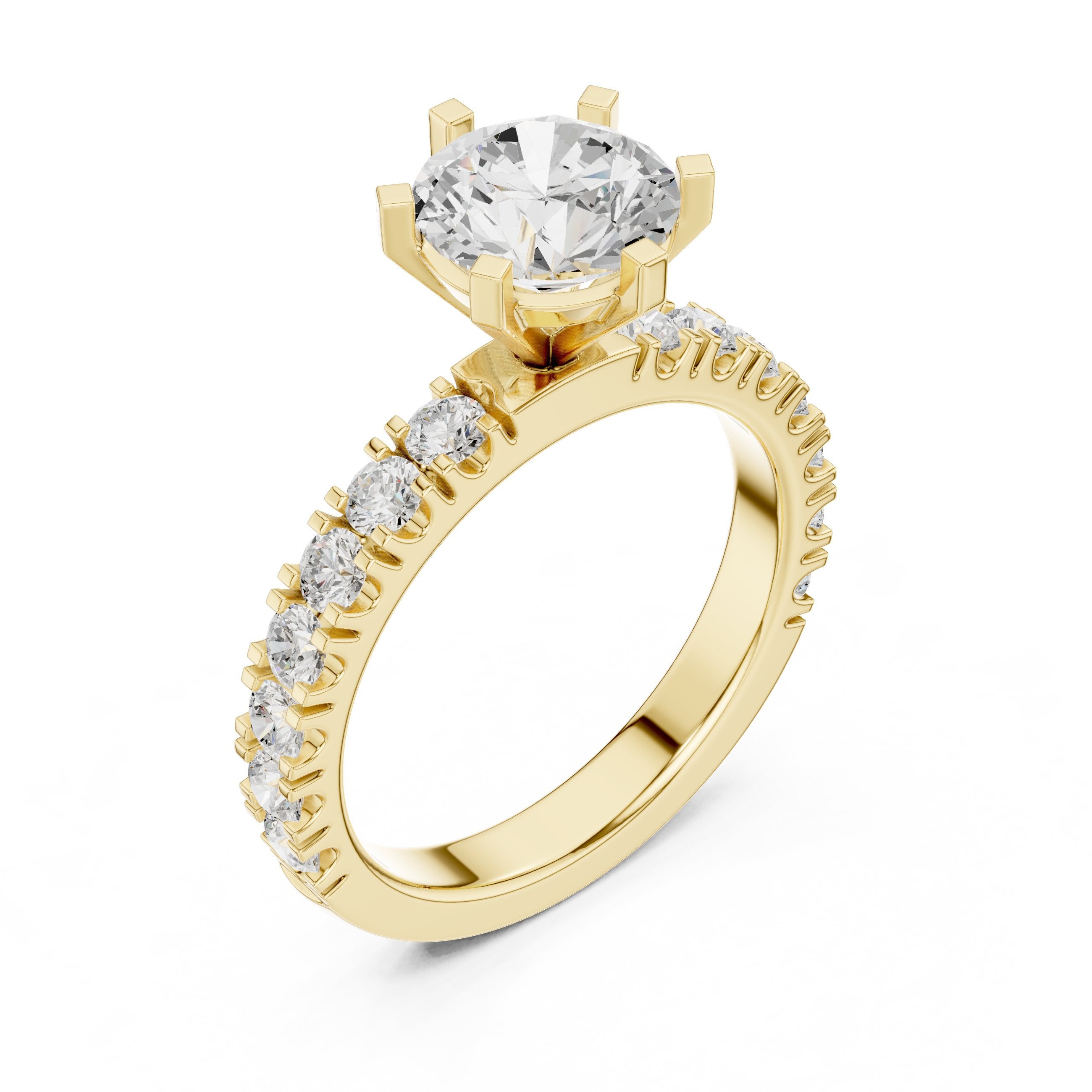 Round Diamond Engagement Ring with Half Eternity Claw Set Band in Yellow Gold - VYKA Diamonds