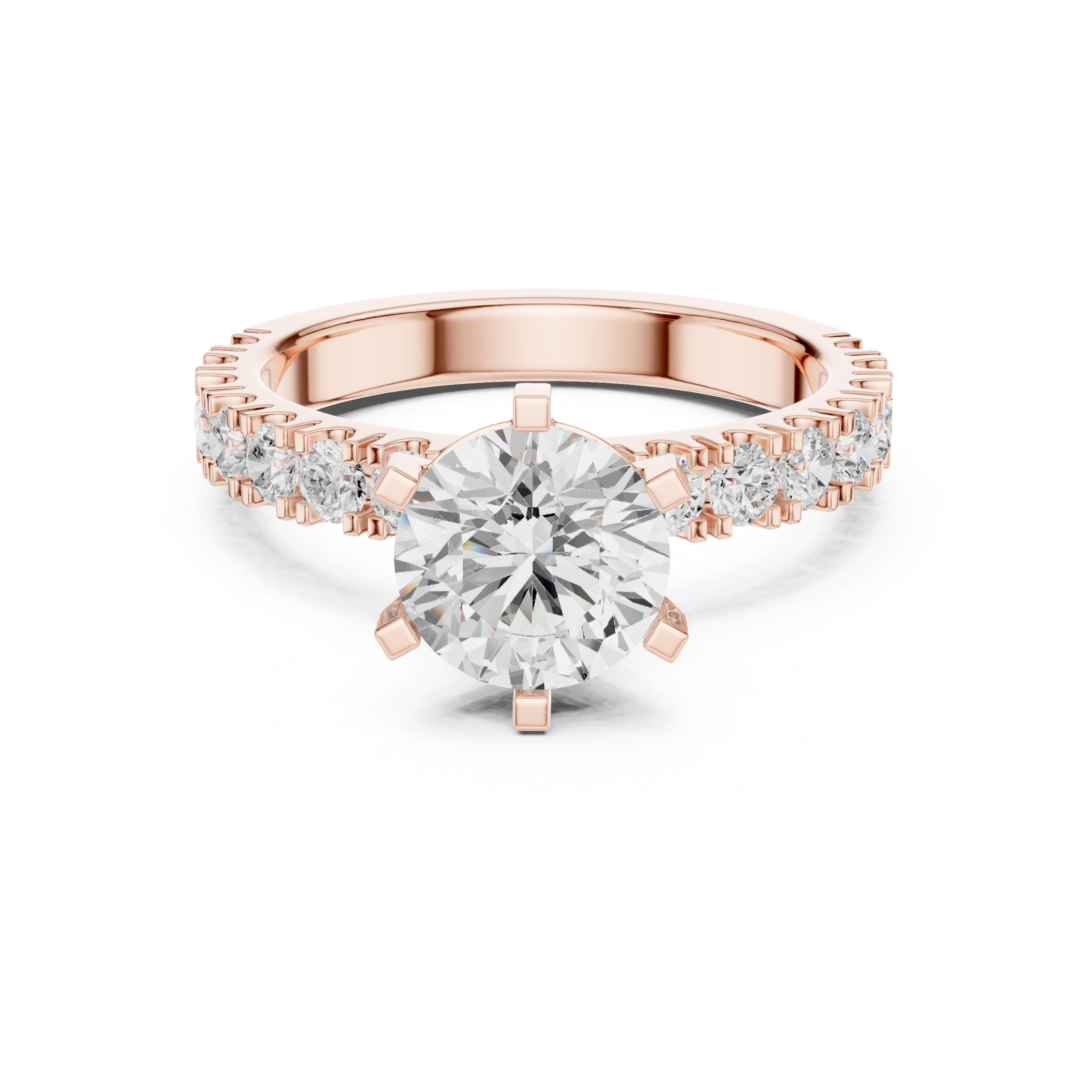 Round Diamond Engagement Ring with Half Eternity Claw Set Band in Rose Gold - VYKA Diamonds