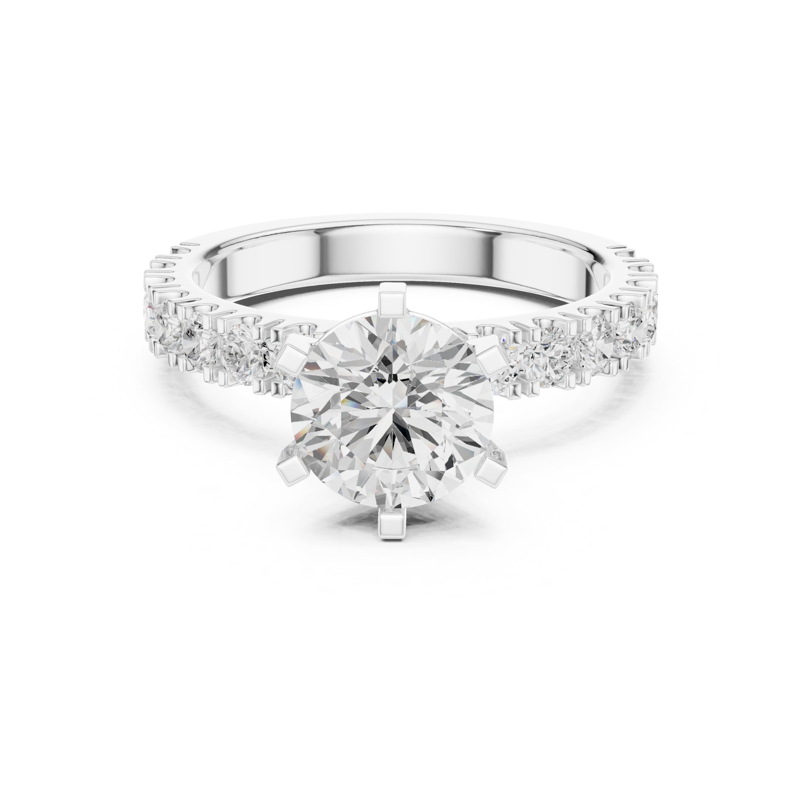 Round Diamond Engagement Ring with Half Eternity Claw Set Band in White Gold - VYKA Diamonds