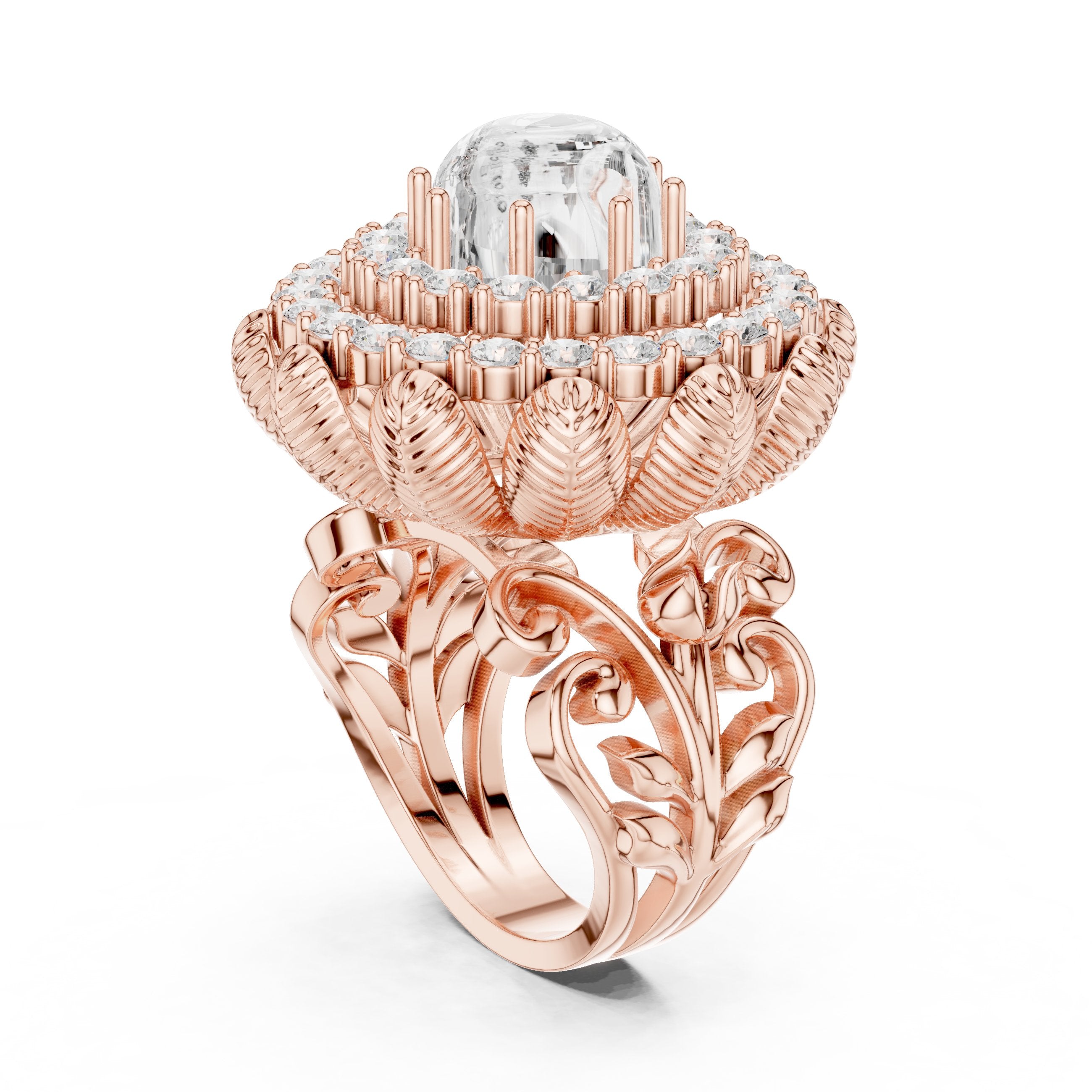 Round Diamond Floral Medallion Cocktail Ring in Rose Gold - VYKA Diamonds