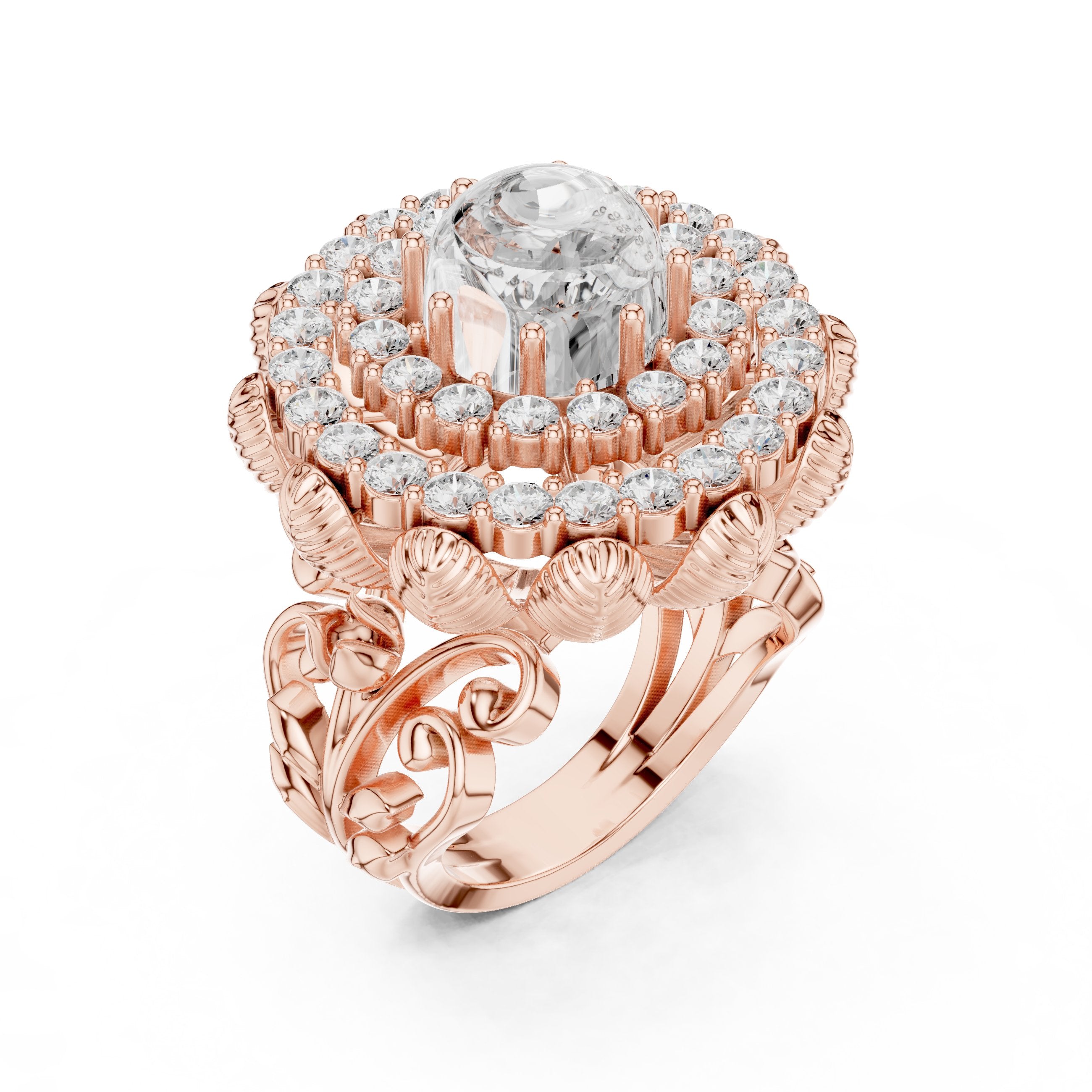 Round Diamond Floral Medallion Cocktail Ring in Rose Gold - VYKA Diamonds