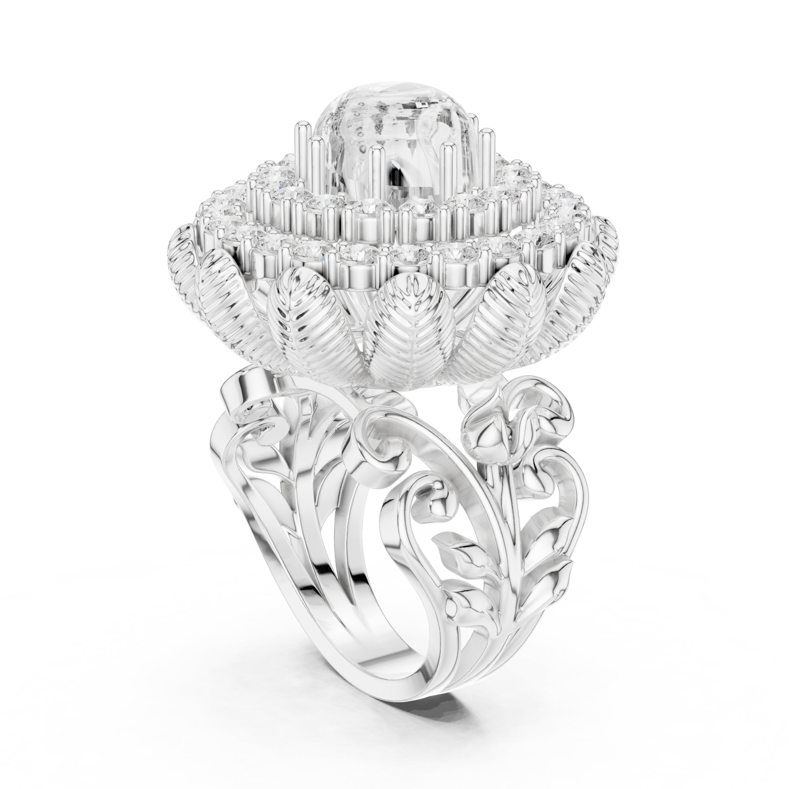 Round Diamond Floral Medallion Cocktail Ring in White Gold - VYKA Diamonds