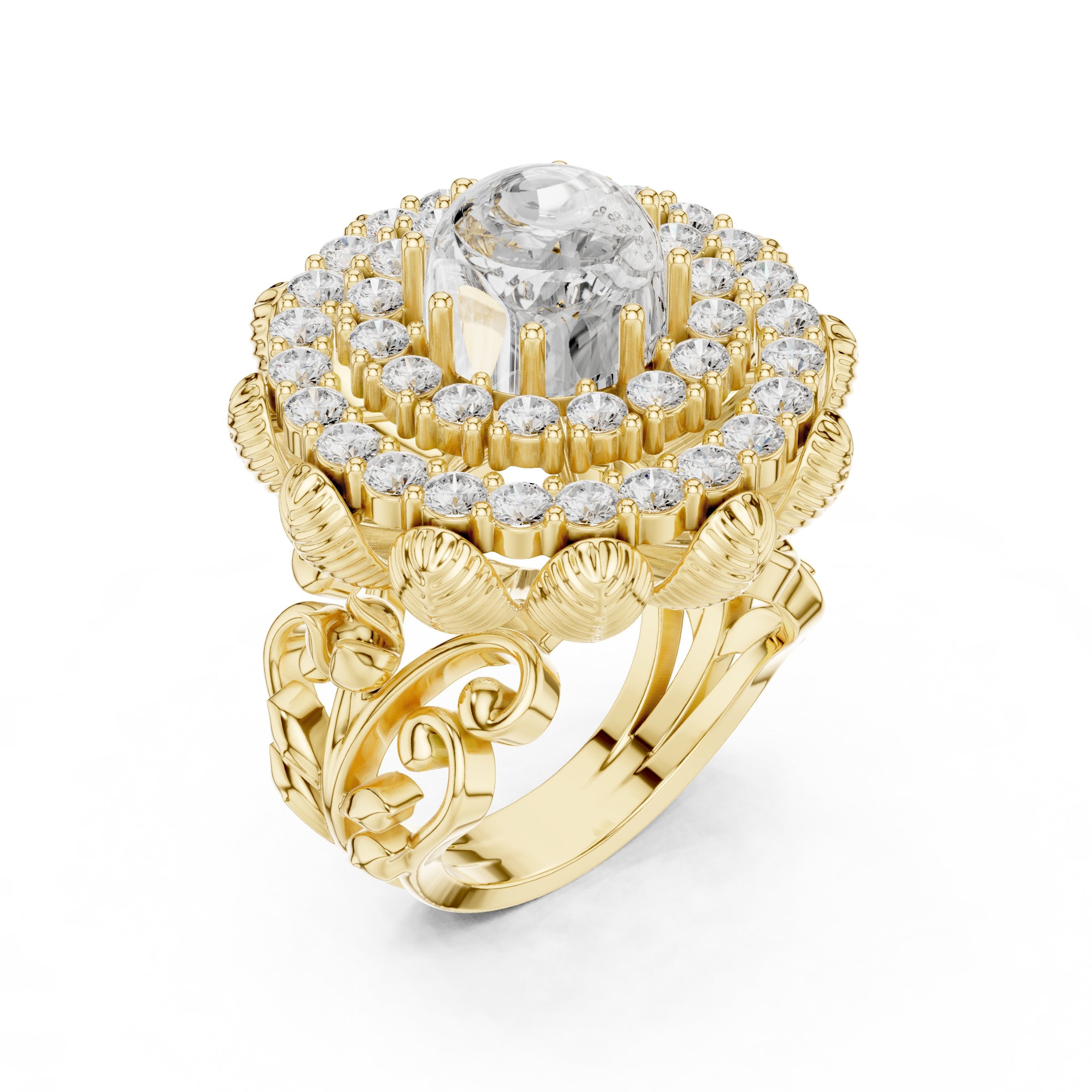 Round Diamond Floral Medallion Cocktail Ring in Yellow Gold - VYKA Diamonds