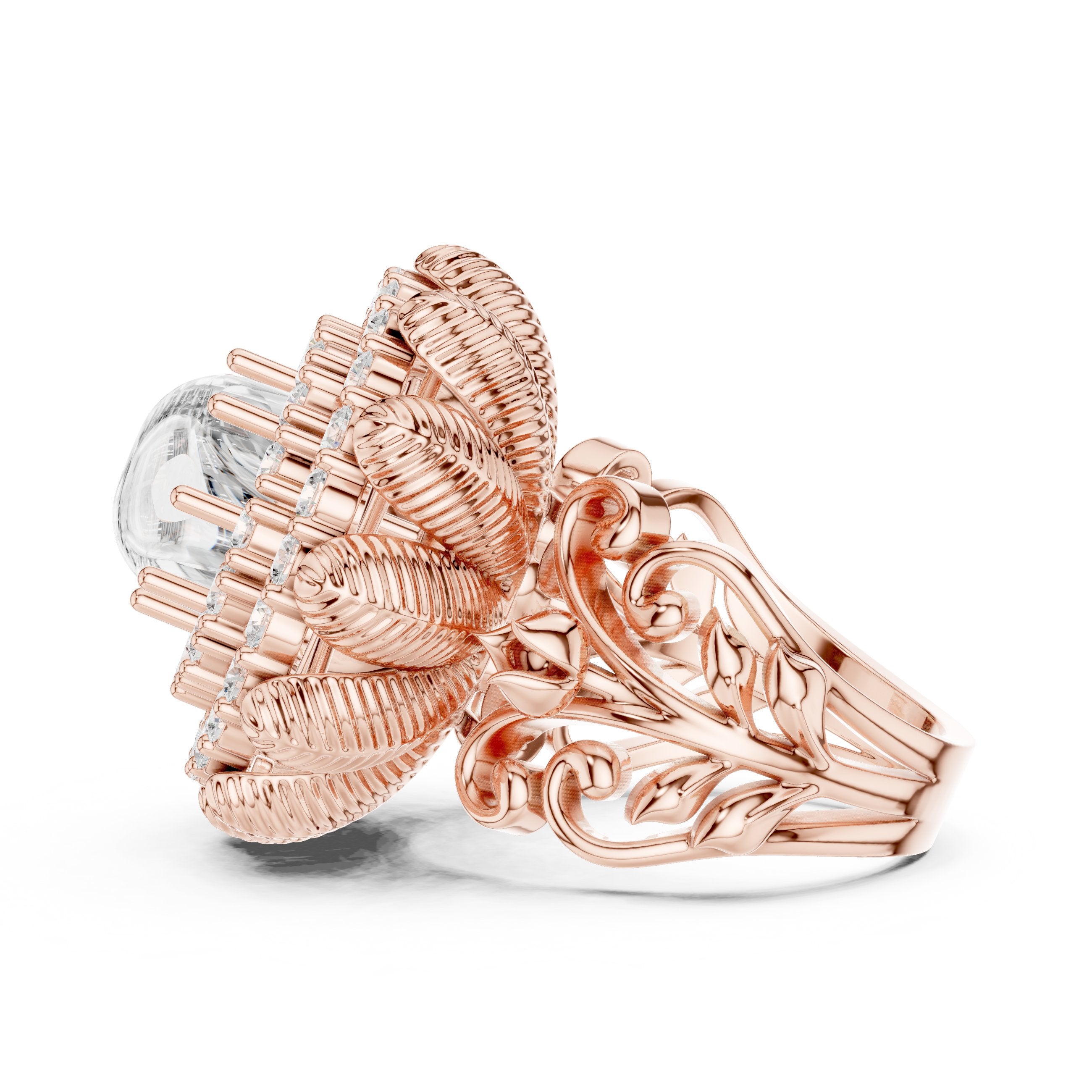 Round Diamond Floral Medallion Cocktail Ring in Rose Gold - VYKA Diamonds