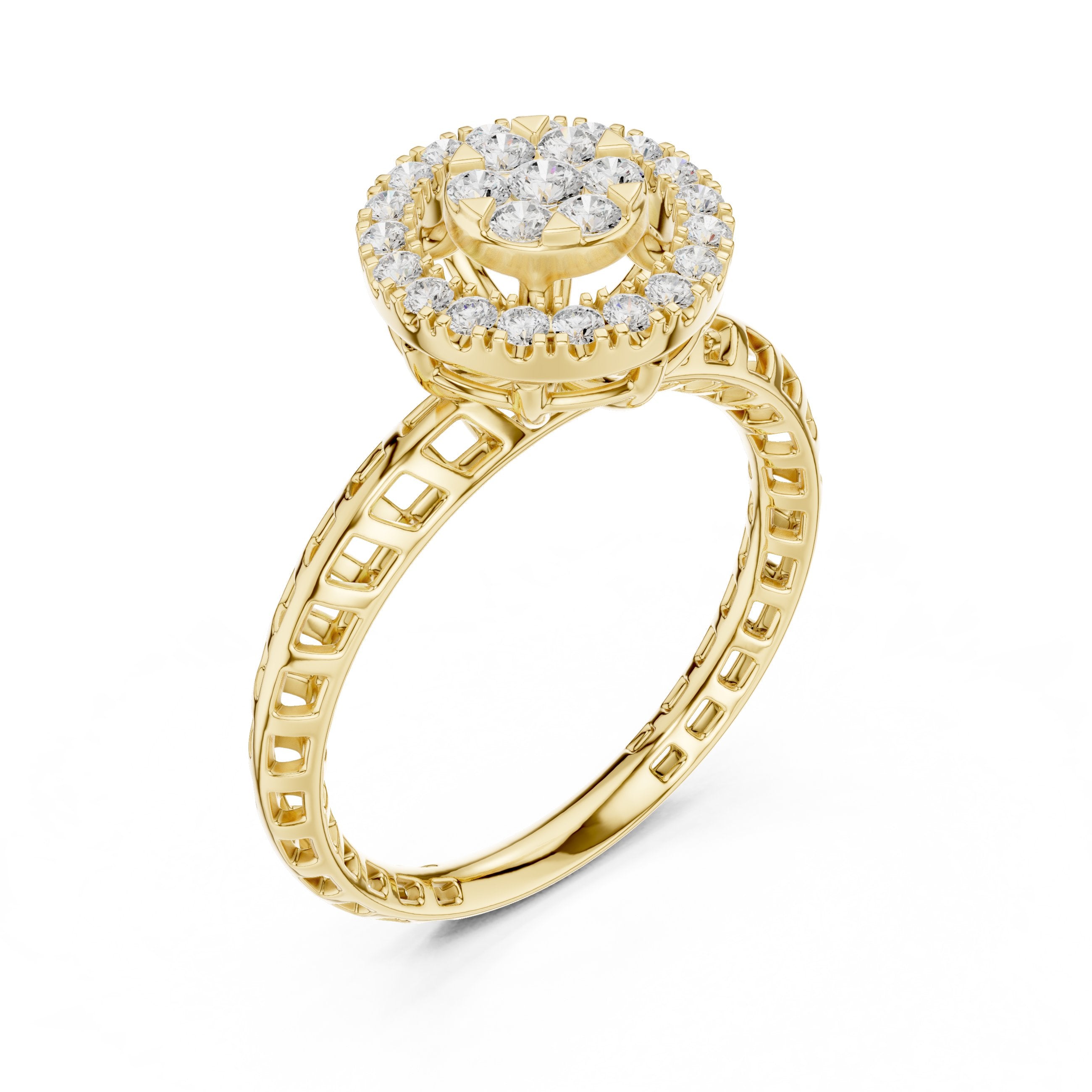 Round Diamond Cluster Halo Engagement Ring in Yellow Gold - VYKA Diamonds