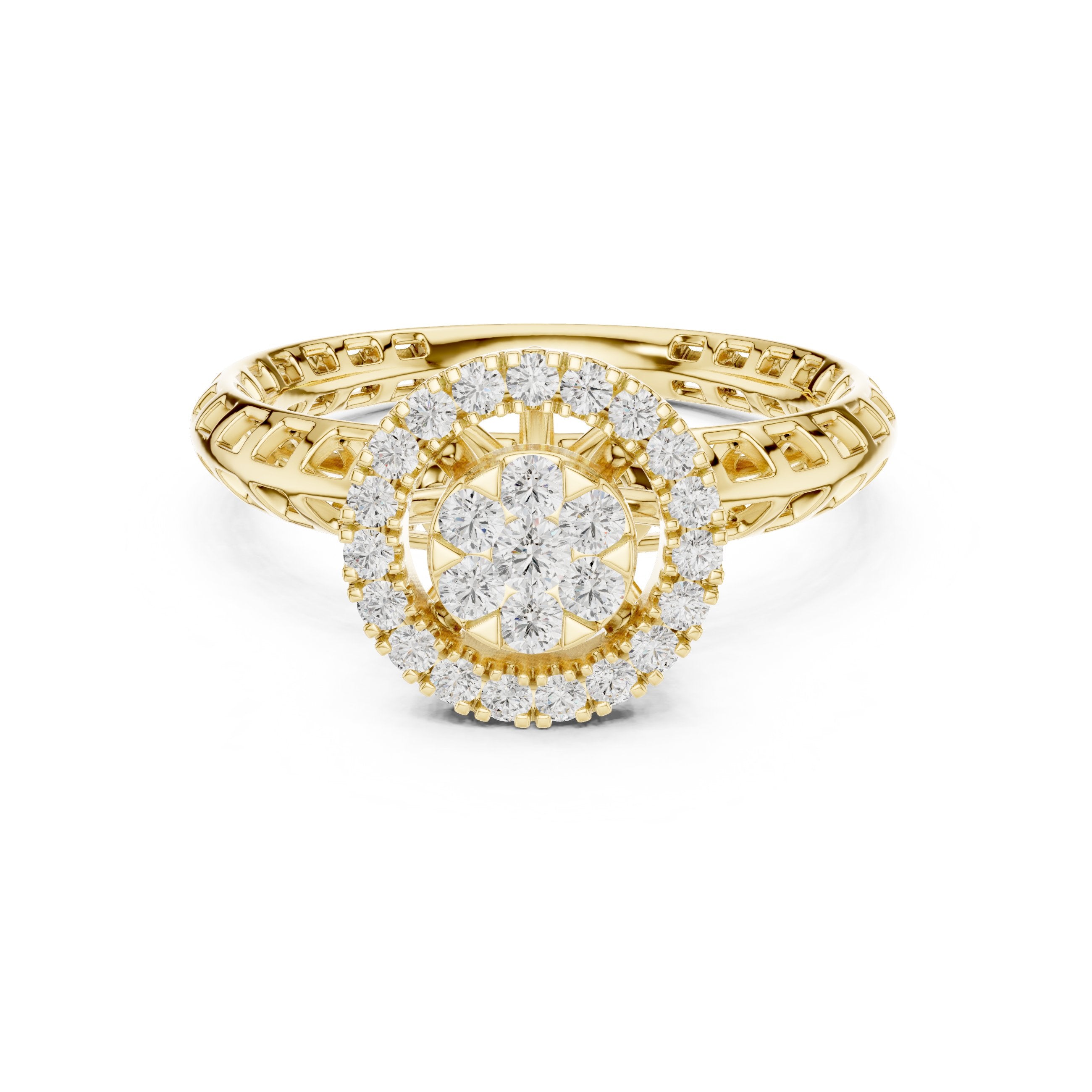 Round Diamond Cluster Halo Engagement Ring in Yellow Gold - VYKA Diamonds