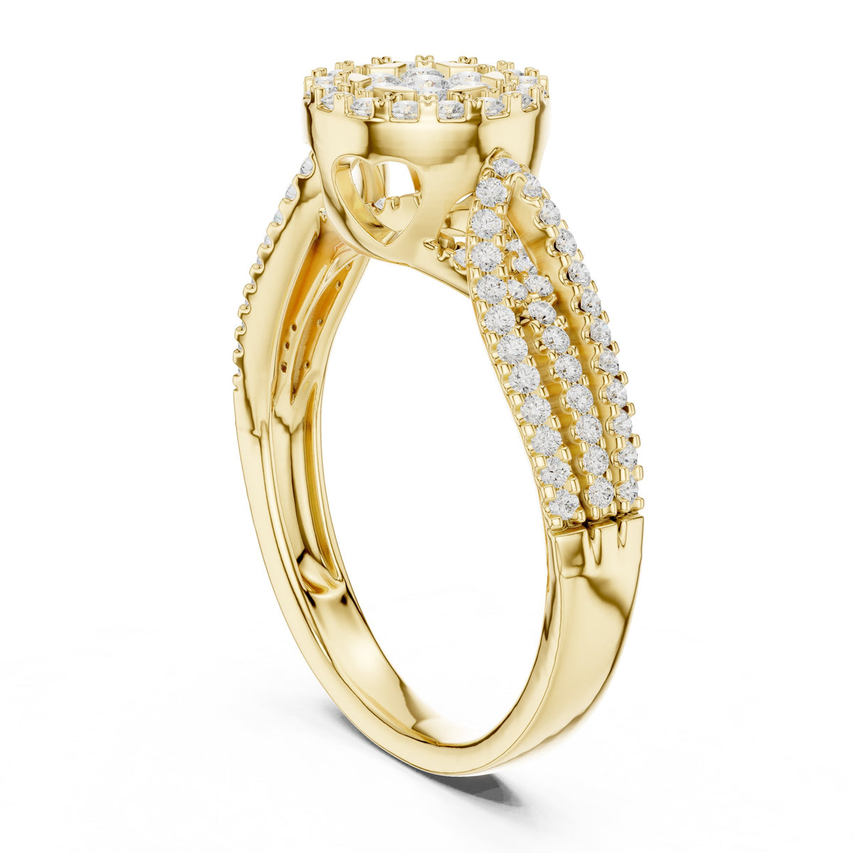 Round Diamond Floral Cluster Engagement Ring with Leaf Shoulders