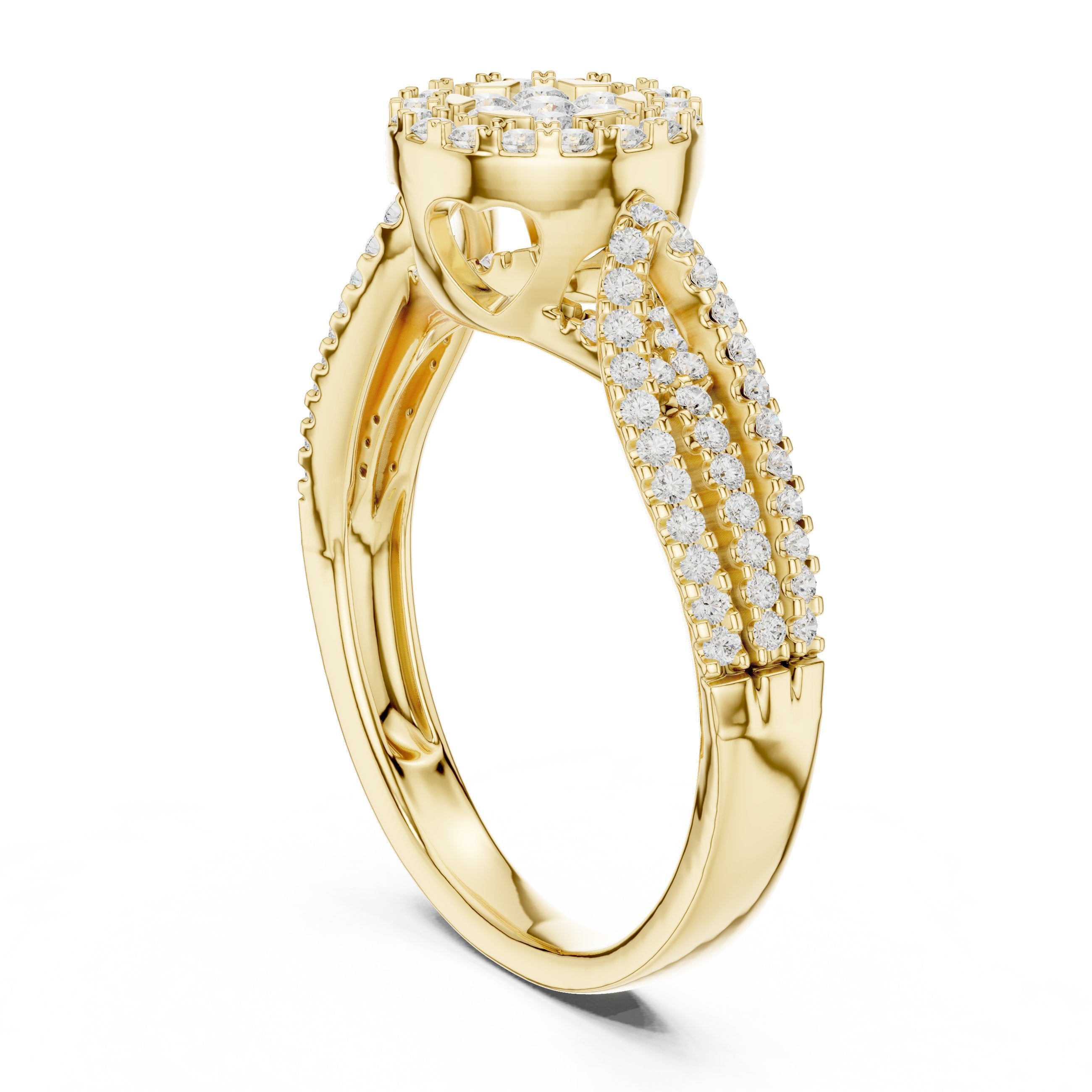 Round Diamond Floral Cluster Engagement Ring with Leaf Shoulders in Yellow Gold - VYKA Diamonds