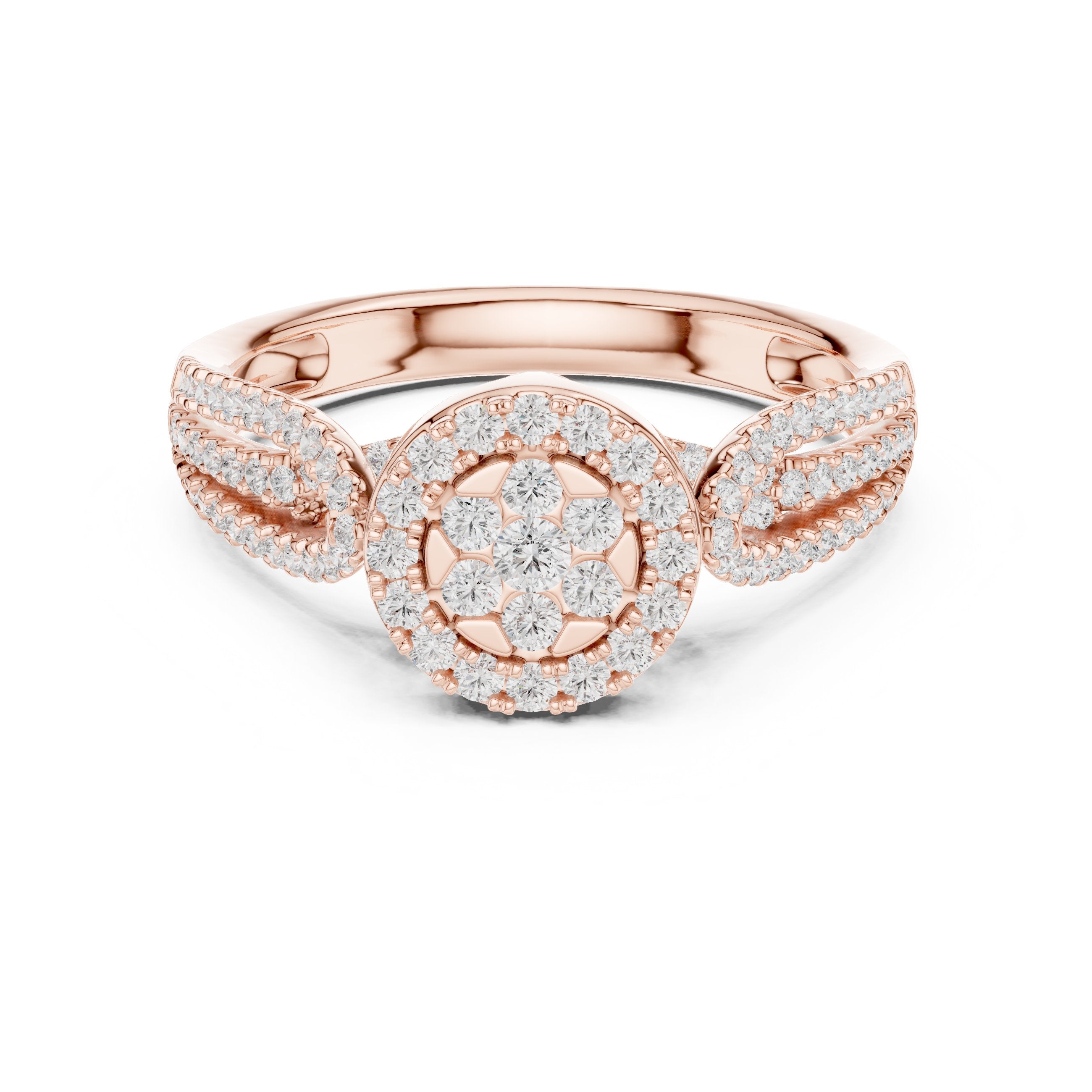 Round Diamond Floral Cluster Engagement Ring with Leaf Shoulders in Rose Gold - VYKA Diamonds