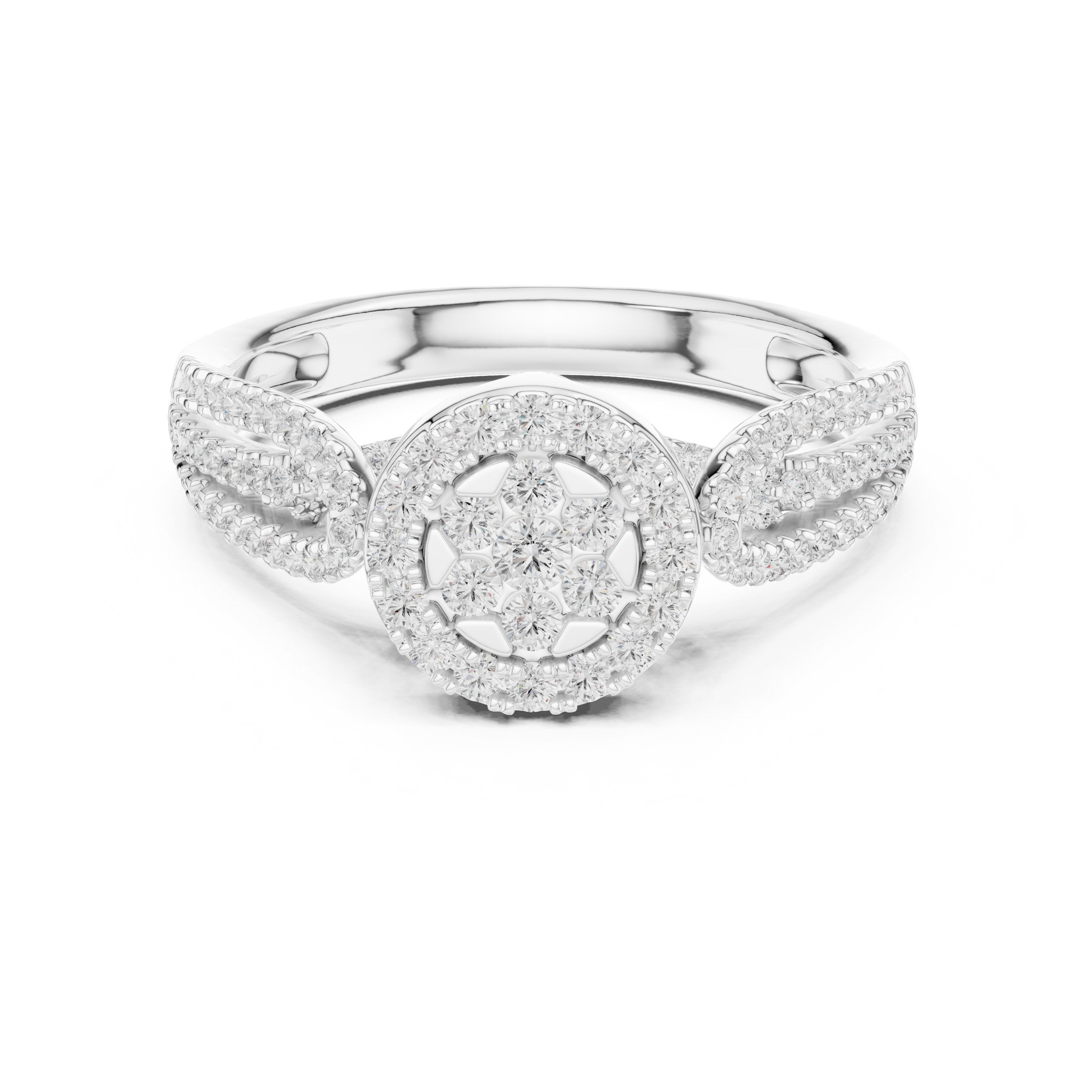 Round Diamond Floral Cluster Engagement Ring with Leaf Shoulders in White Gold - VYKA Diamonds