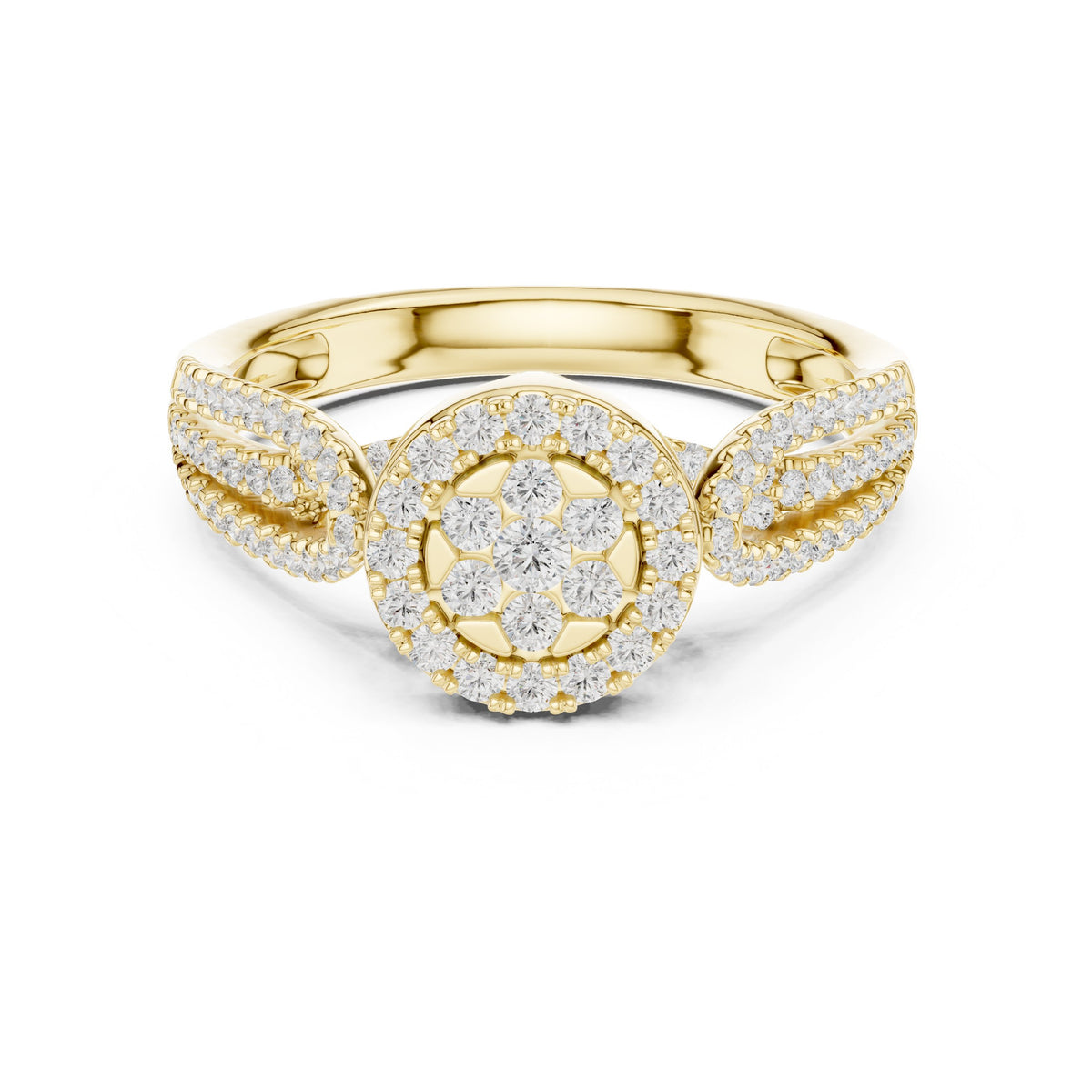 Round Diamond Floral Cluster Engagement Ring with Leaf Shoulders