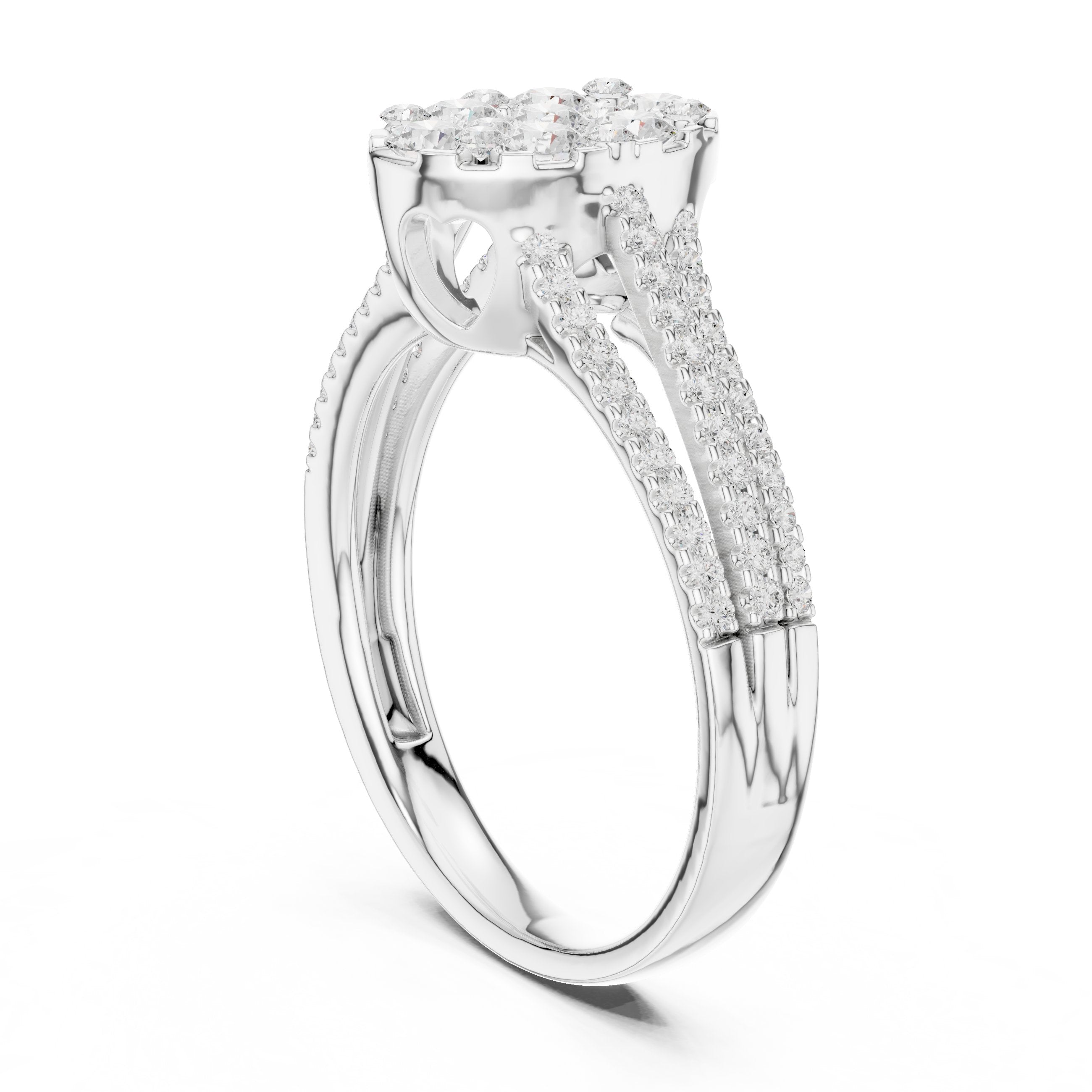 Round Diamond Oval Cluster Engagement Ring with Split Shank Pavé Band in White Gold - VYKA Diamonds