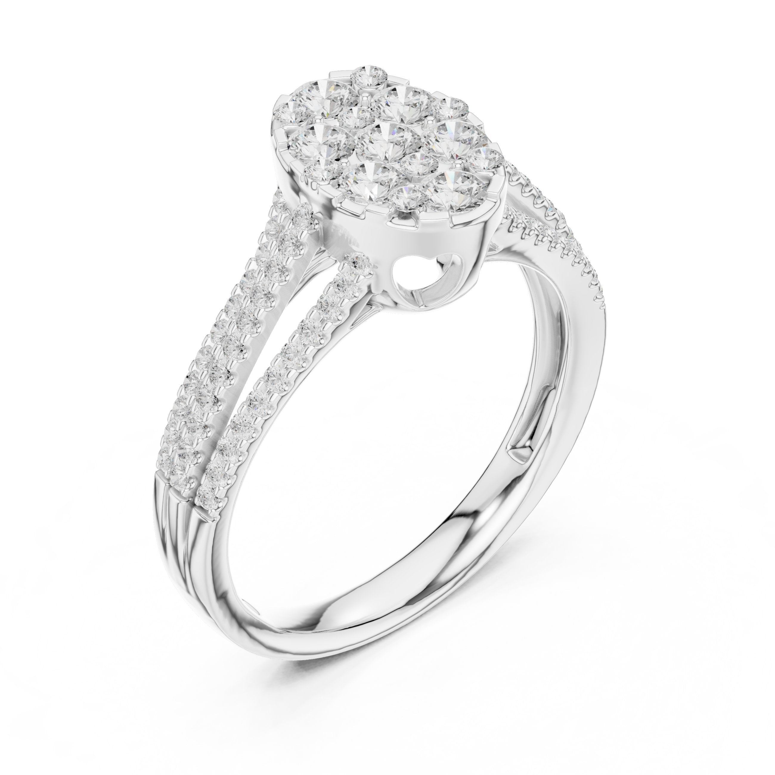 Round Diamond Oval Cluster Engagement Ring with Split Shank Pavé Band in White Gold - VYKA Diamonds