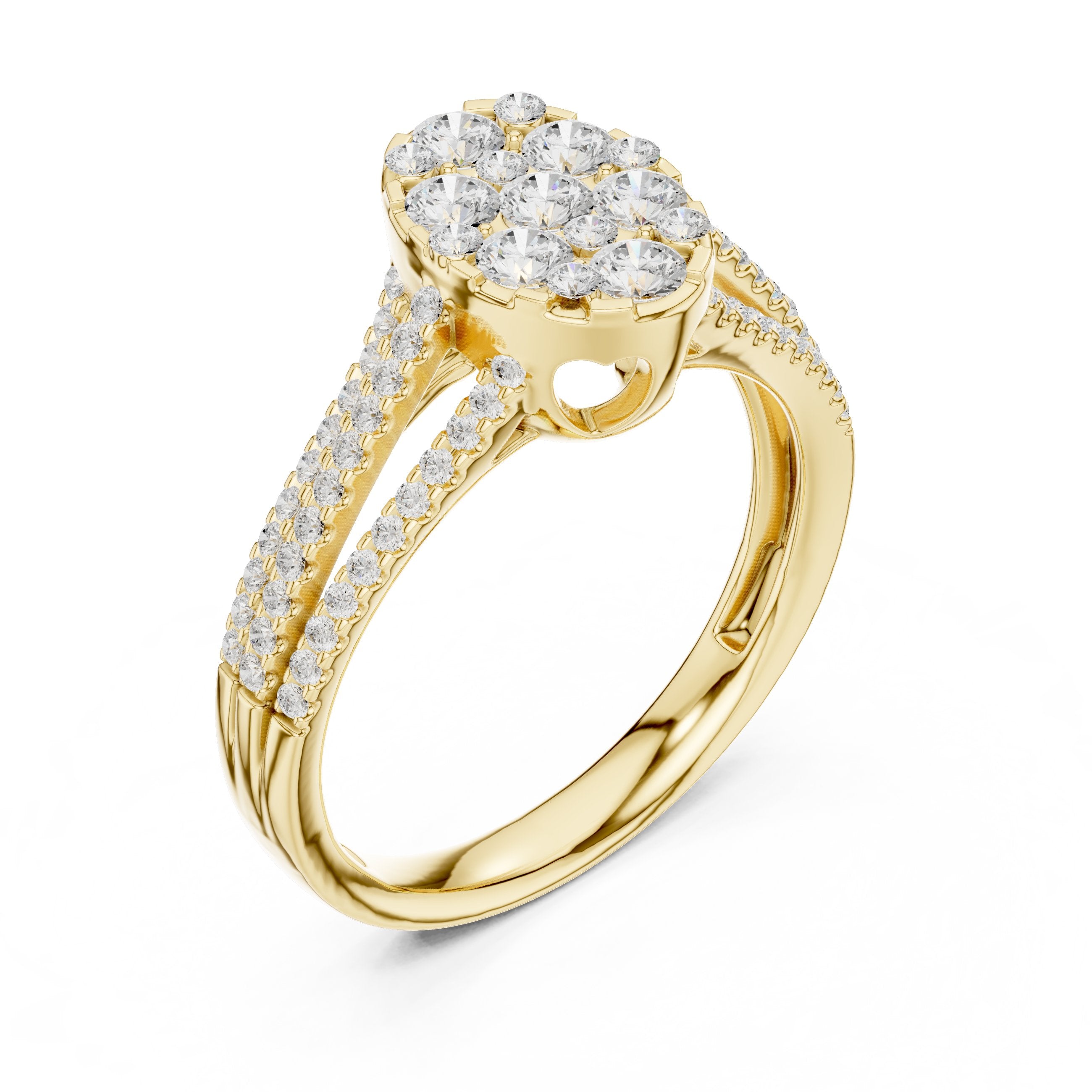 Round Diamond Oval Cluster Engagement Ring with Split Shank Pavé Band in Yellow Gold - VYKA Diamonds
