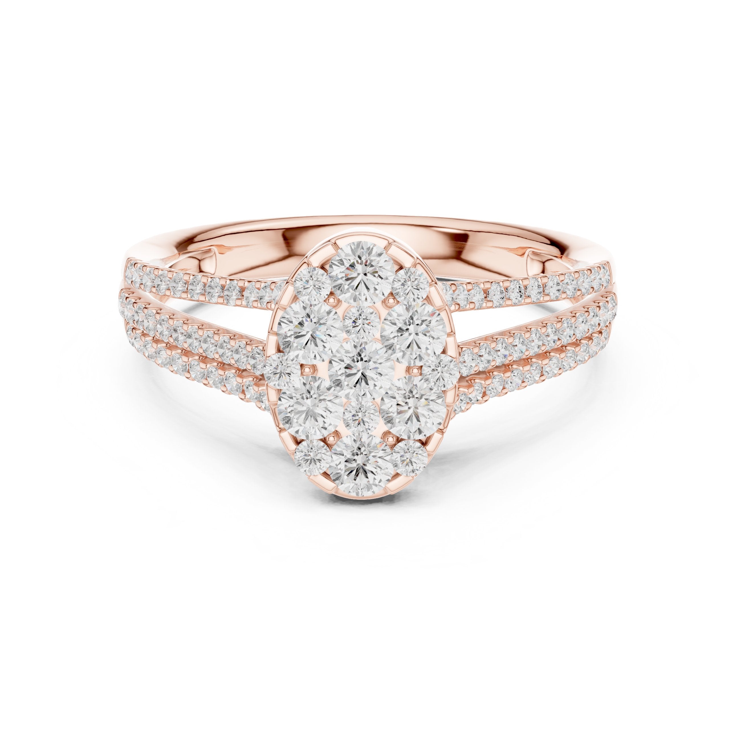 Round Diamond Oval Cluster Engagement Ring with Split Shank Pavé Band in Rose Gold - VYKA Diamonds