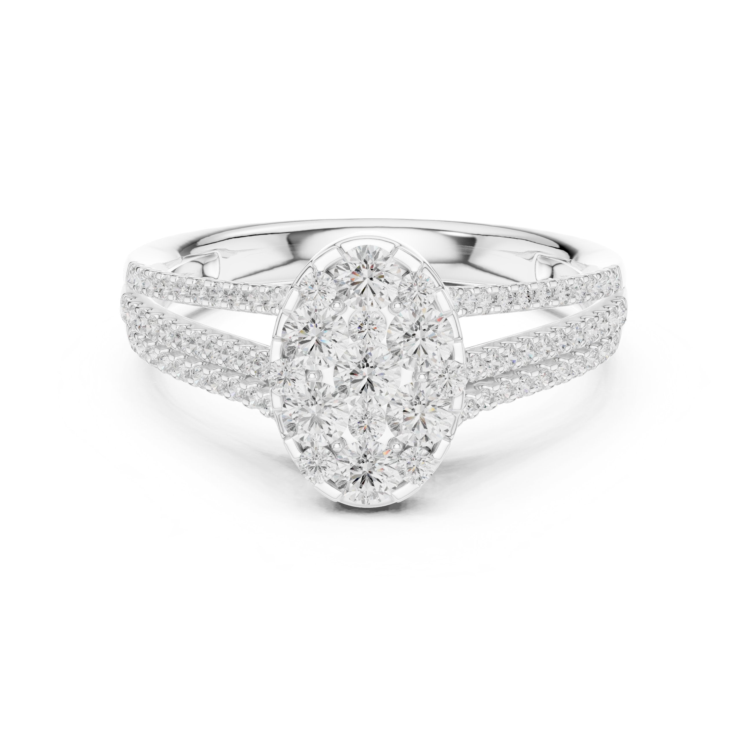 Round Diamond Oval Cluster Engagement Ring with Split Shank Pavé Band in White Gold - VYKA Diamonds