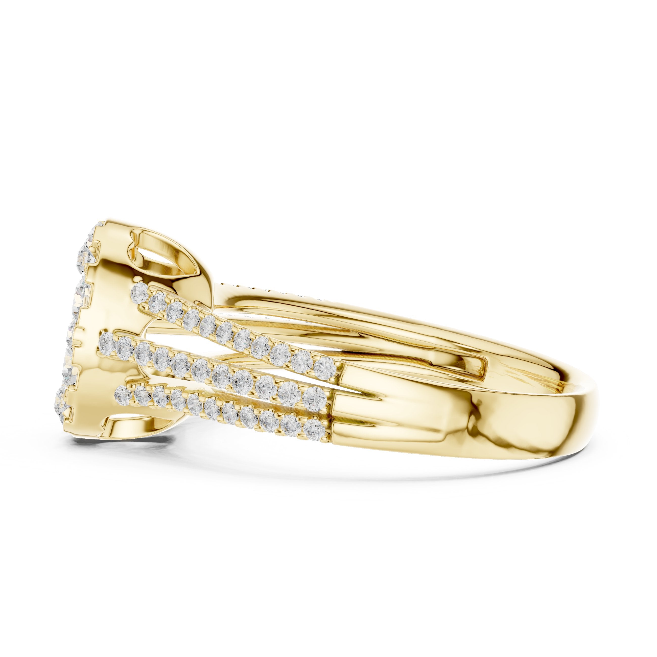 Round Diamond Oval Cluster Engagement Ring with Split Shank Pavé Band in Yellow Gold - VYKA Diamonds