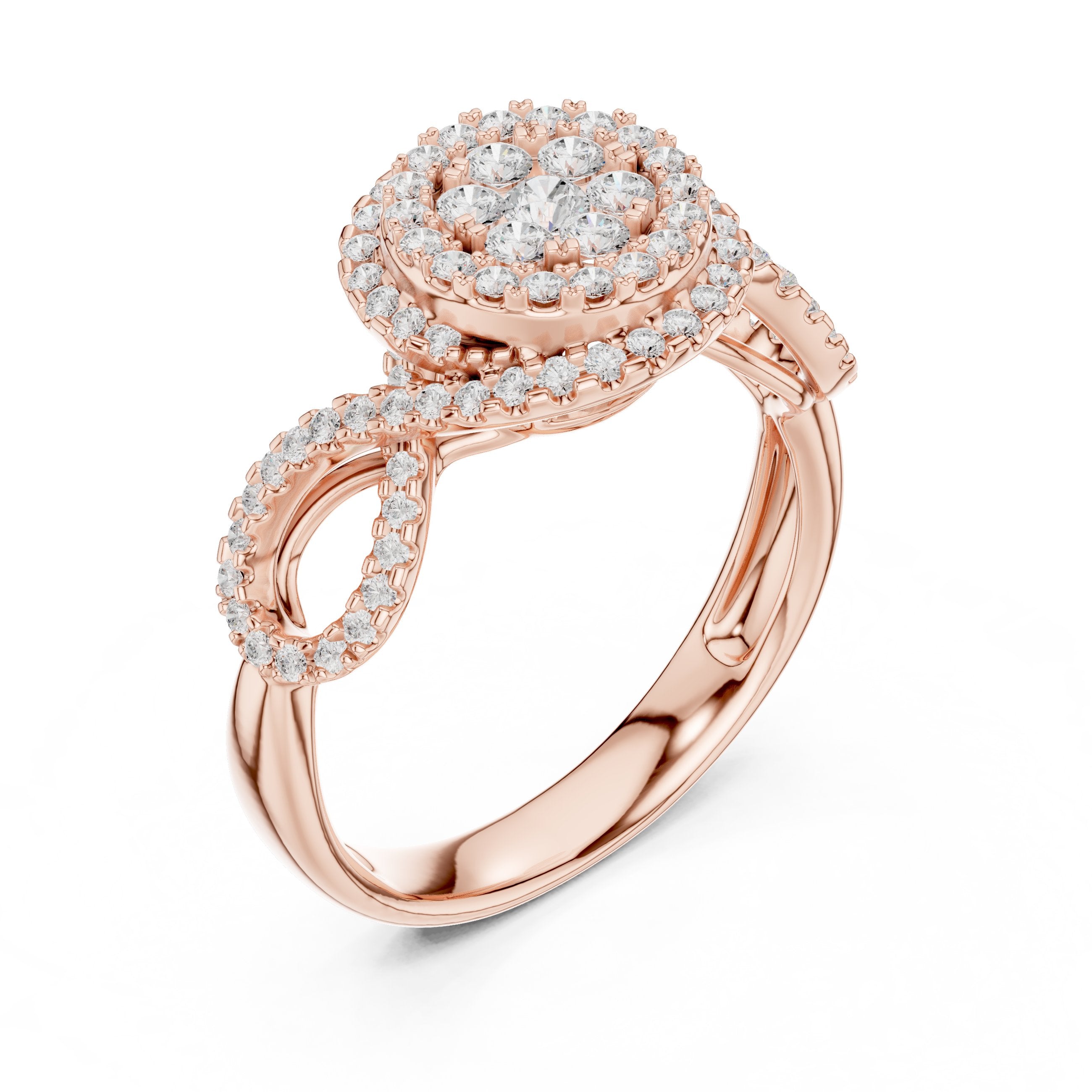 Round Diamond Cluster Double Halo Engagement Ring with Twisted Pavé Band in Rose Gold - VYKA Diamonds
