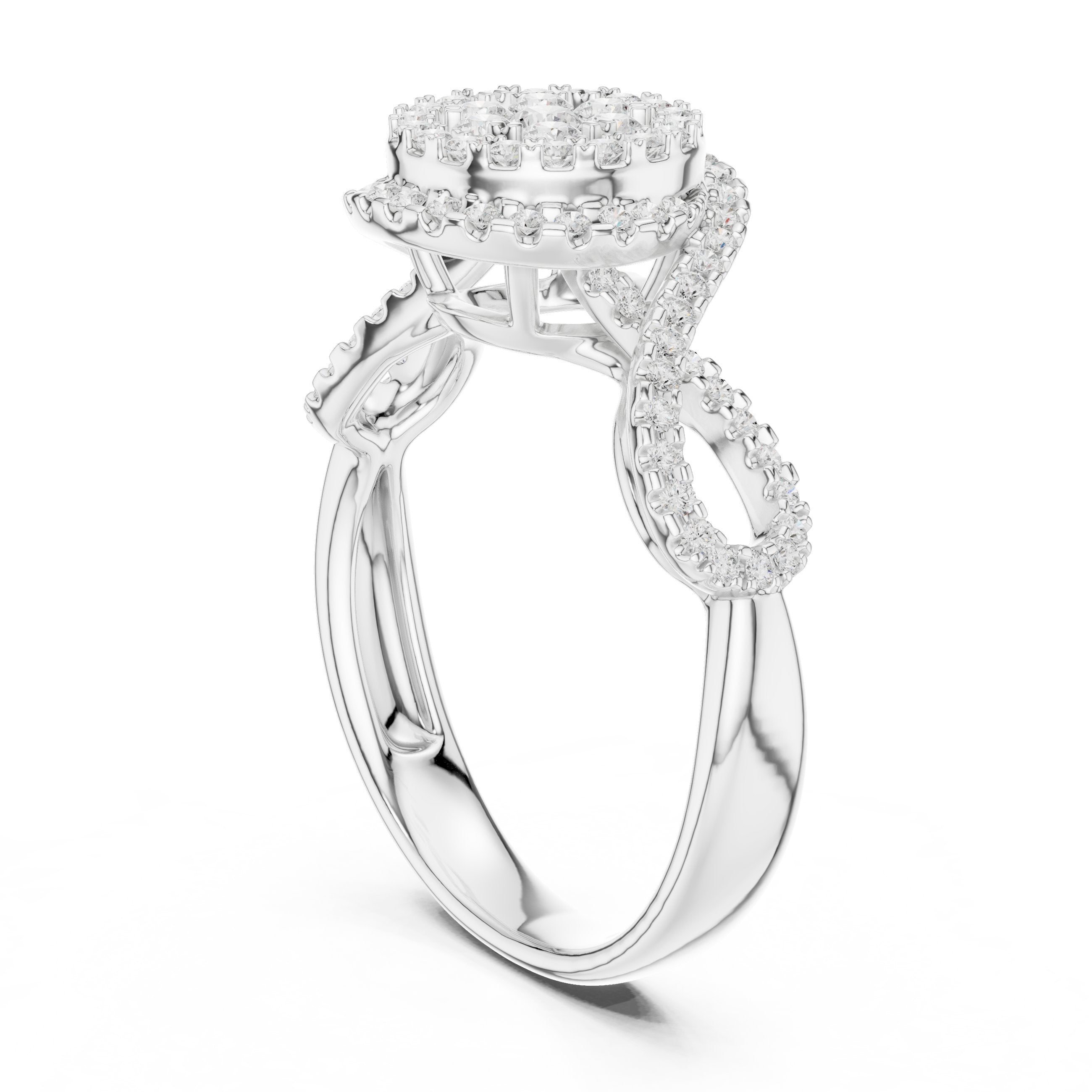 Round Diamond Cluster Double Halo Engagement Ring with Twisted Pavé Band in White Gold - VYKA Diamonds