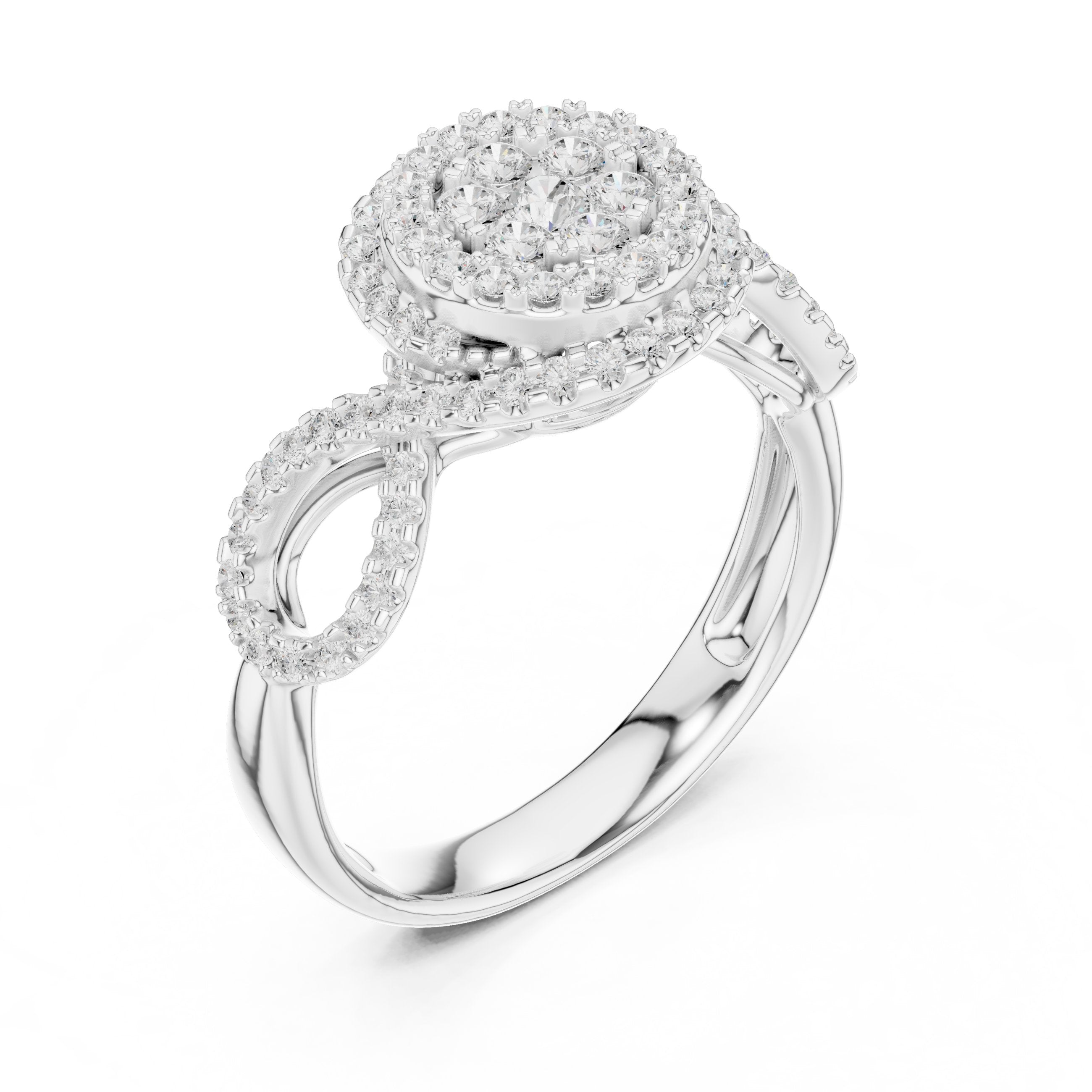 Round Diamond Cluster Double Halo Engagement Ring with Twisted Pavé Band in White Gold - VYKA Diamonds
