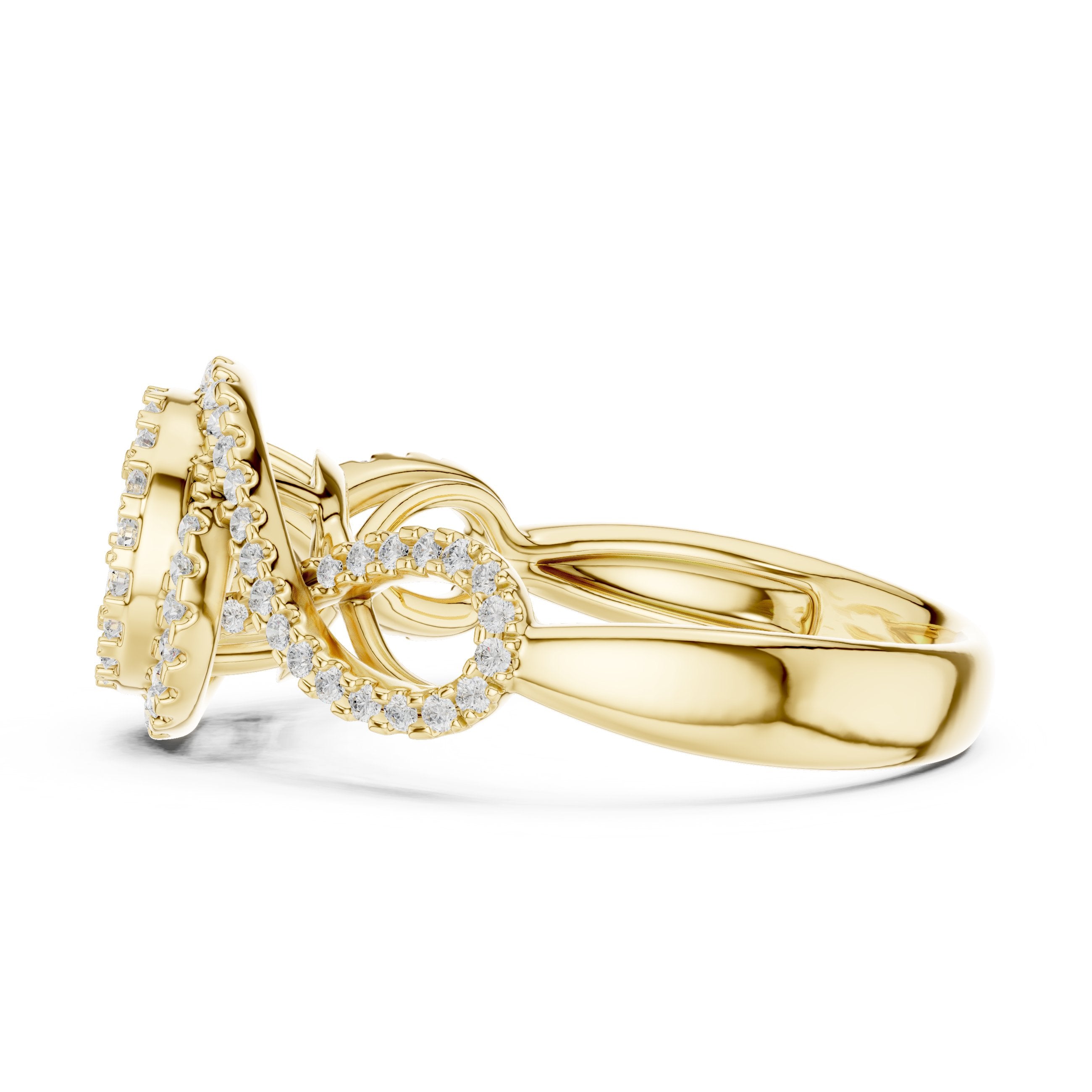 Round Diamond Cluster Double Halo Engagement Ring with Twisted Pavé Band in Yellow Gold - VYKA Diamonds
